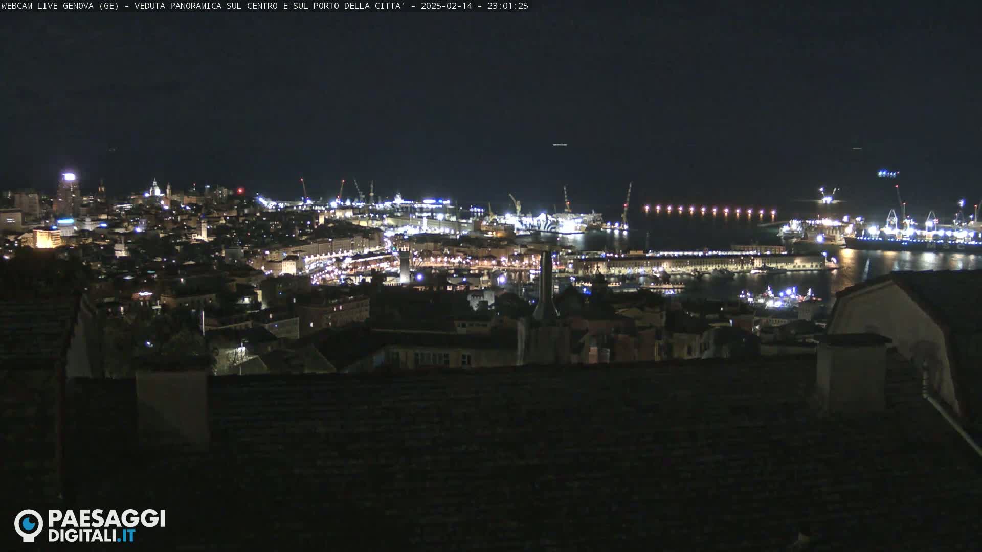 A nighttime panoramic view of a city harbor with many lights illuminated, under a clear, dark sky.