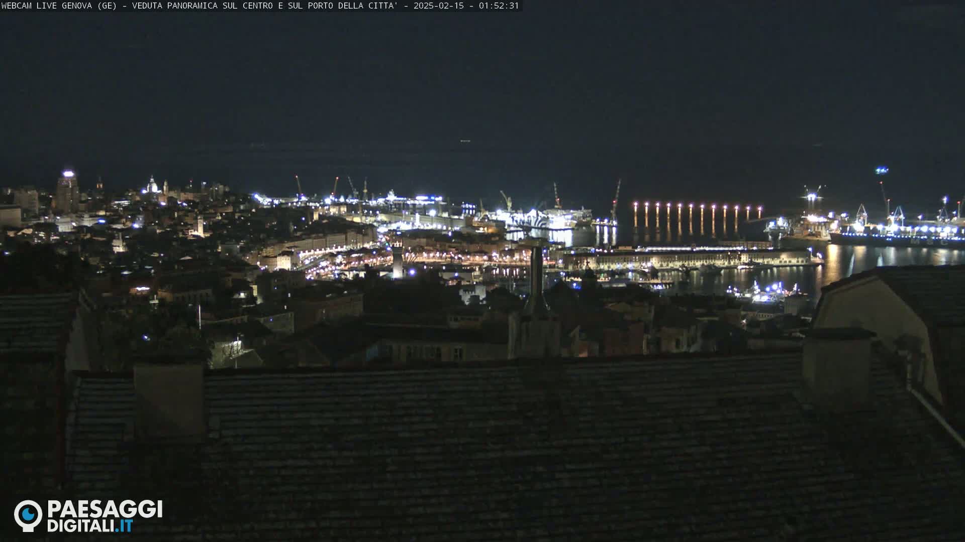 A nighttime, panoramic view of a city's harbor and illuminated cityscape, showing a port with ships and cranes under a dark sky.