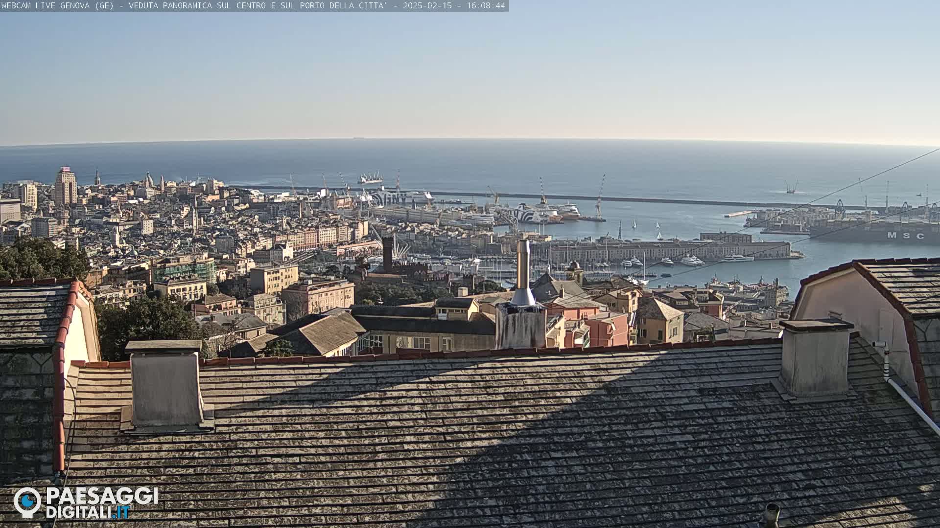 A panoramic view of a city harbor and coastline on a clear day, seen from a rooftop.
