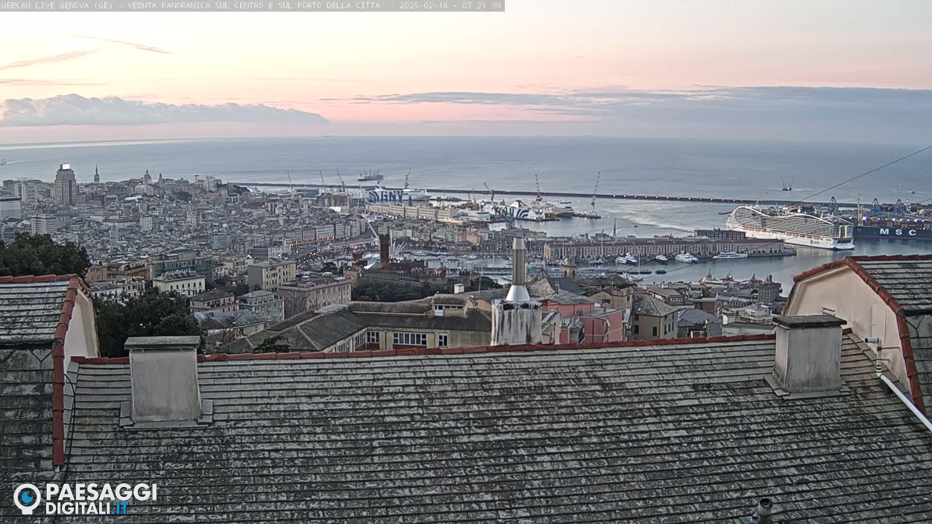 A panoramic view of a city harbor at dawn, showing a large cruise ship and many other vessels, with a calm sea and a slightly hazy sky.