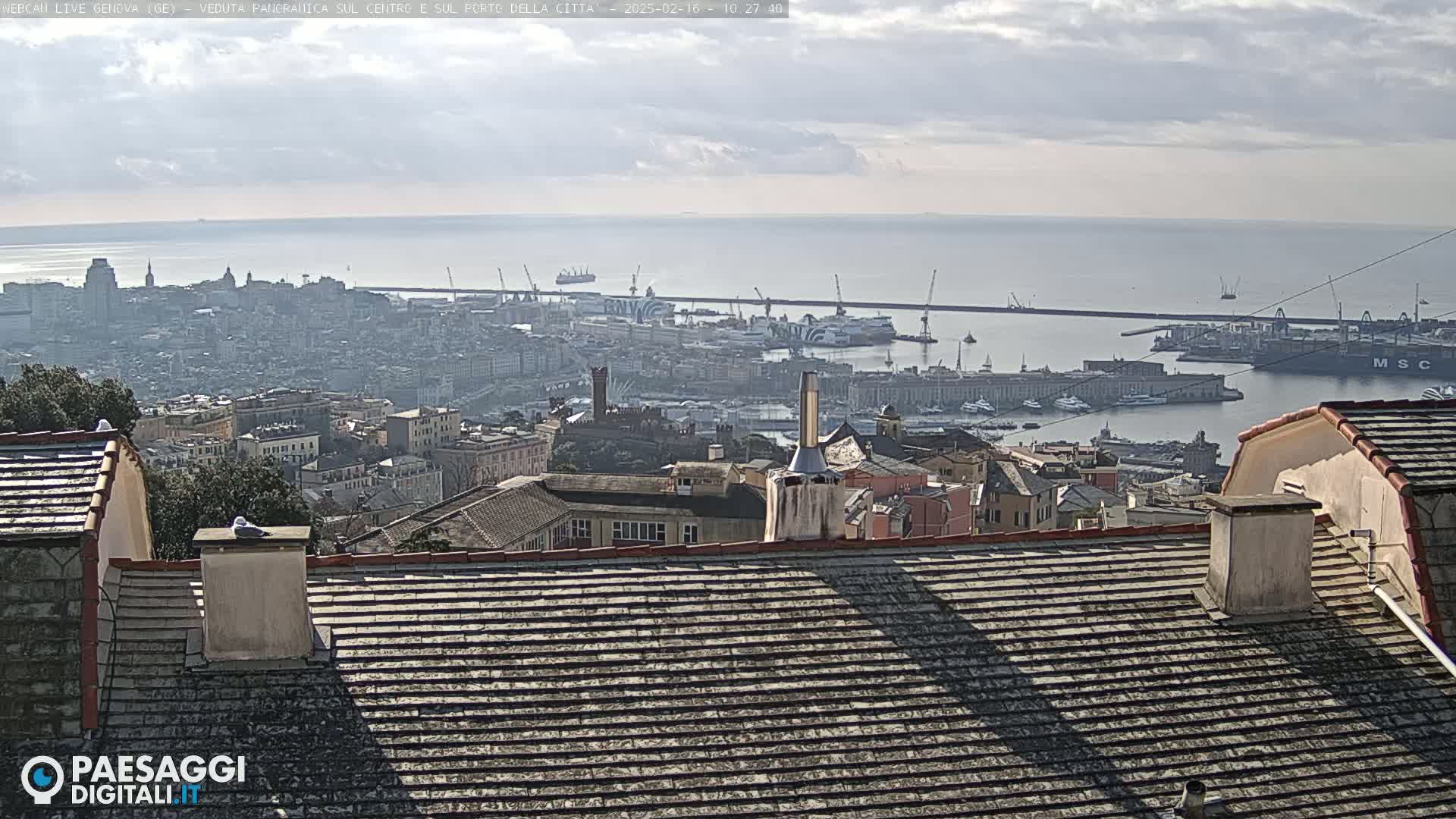 A panoramic view of a city harbor and cityscape on a partly cloudy day, seen from a high vantage point overlooking a tiled roof.