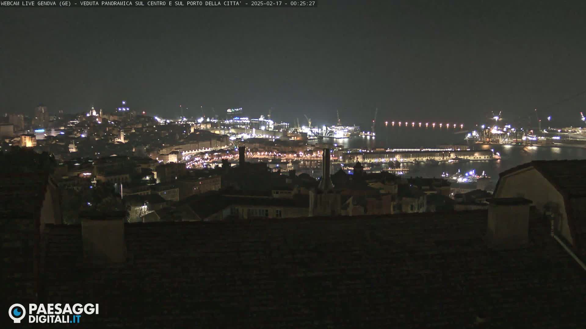 A nighttime, panoramic view of a city's harbor and illuminated buildings extending into the distance.