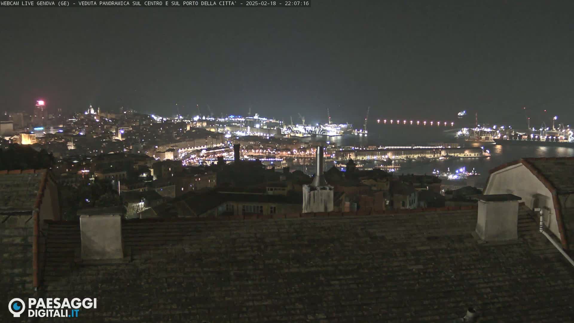 A nighttime panoramic view of a city's harbor and illuminated cityscape, seen from a rooftop.