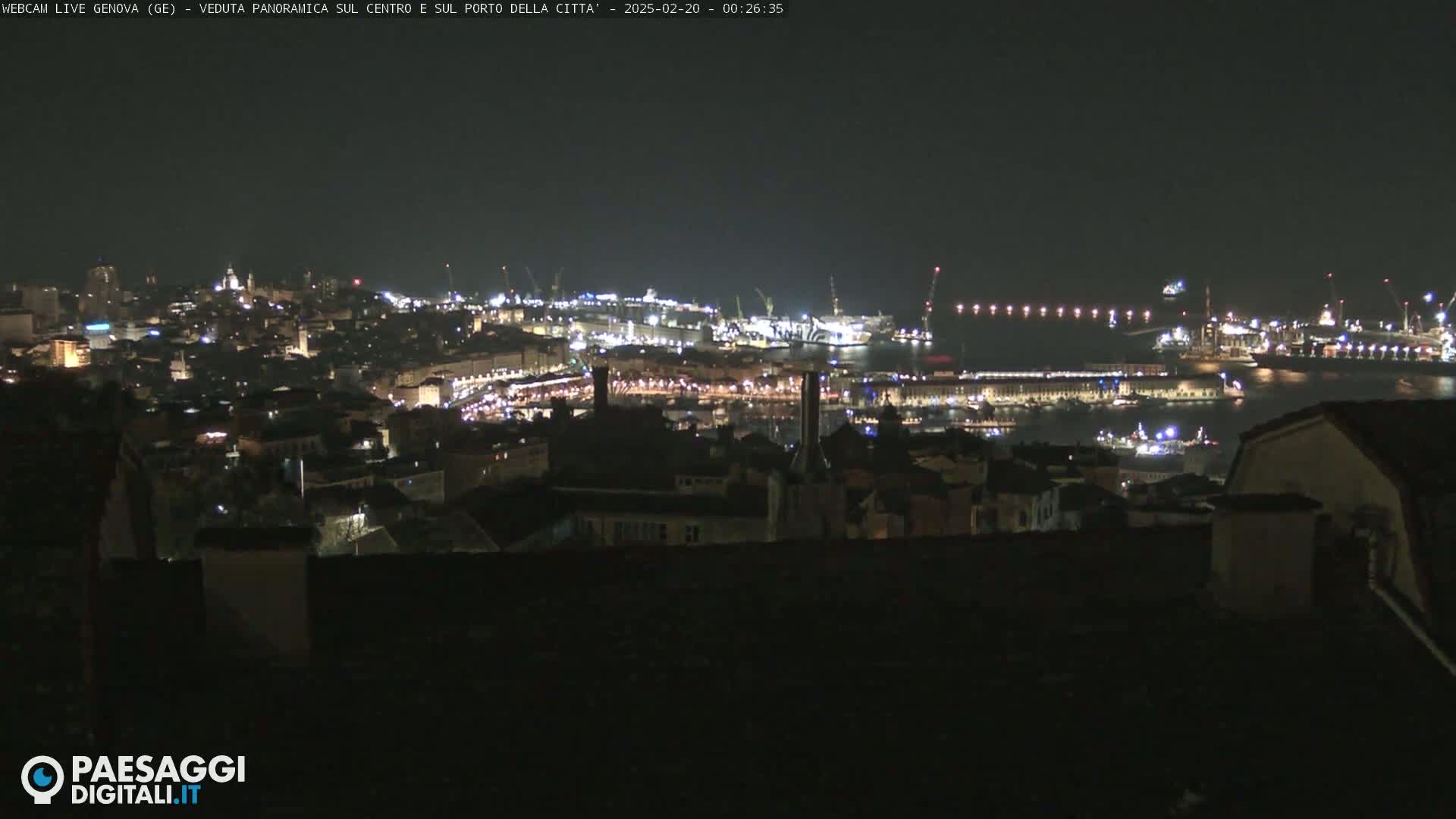 A nighttime, panoramic view of a city's illuminated harbor and buildings.