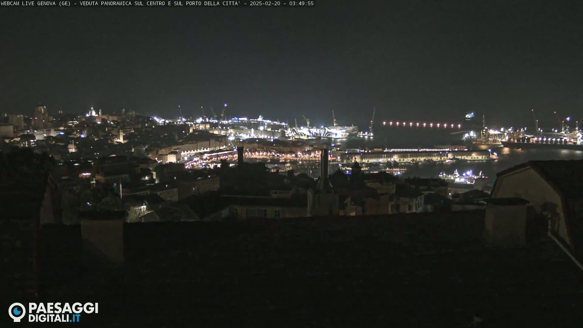 A nighttime panoramic view of a city's illuminated harbor and buildings.