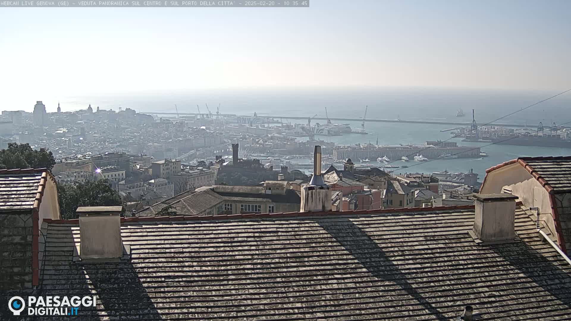 A hazy, sunny view from a rooftop shows a sprawling city and harbor filled with ships, extending to a calm sea in the distance.