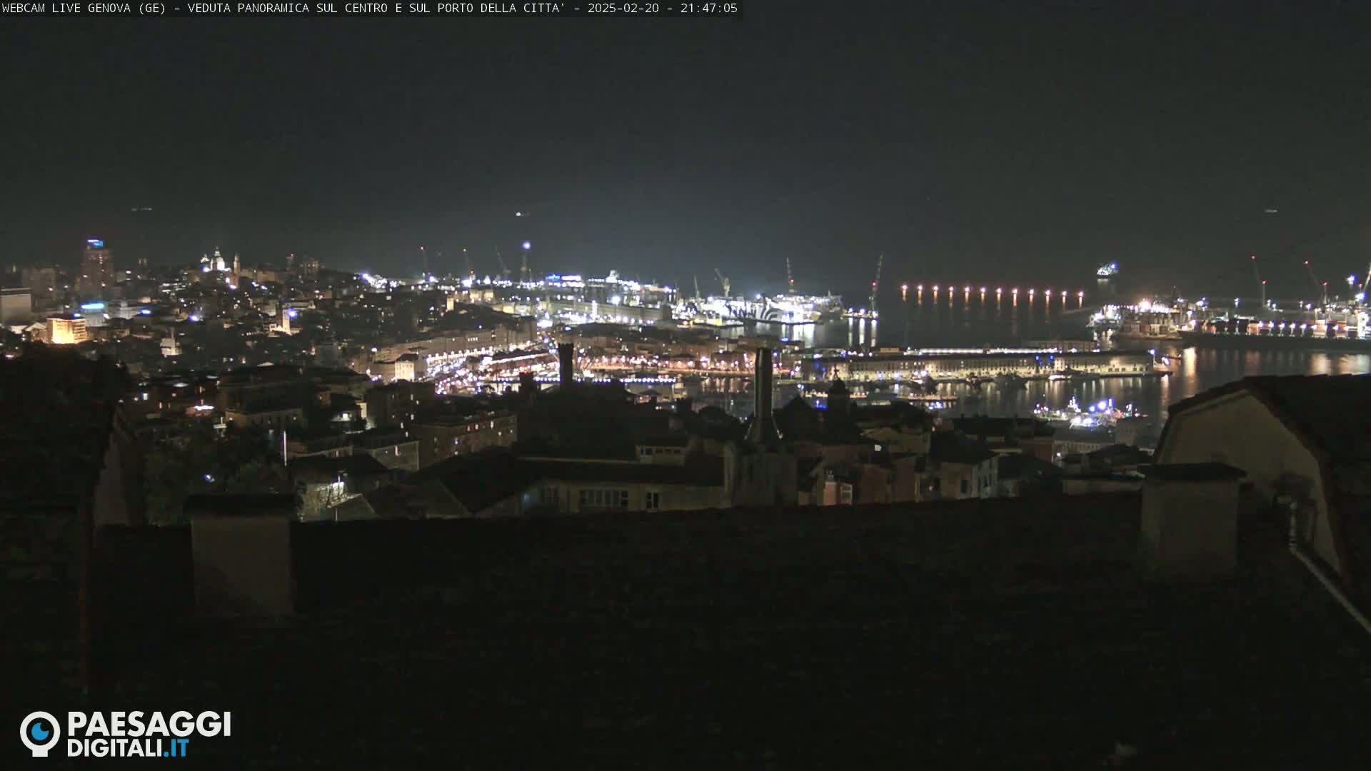 A nighttime, panoramic view of a city and harbor illuminated with lights.
