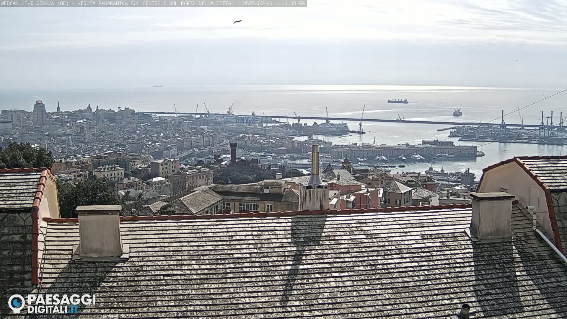 A panoramic view of a city and harbor on a sunny day, seen from a rooftop with a tiled roof.