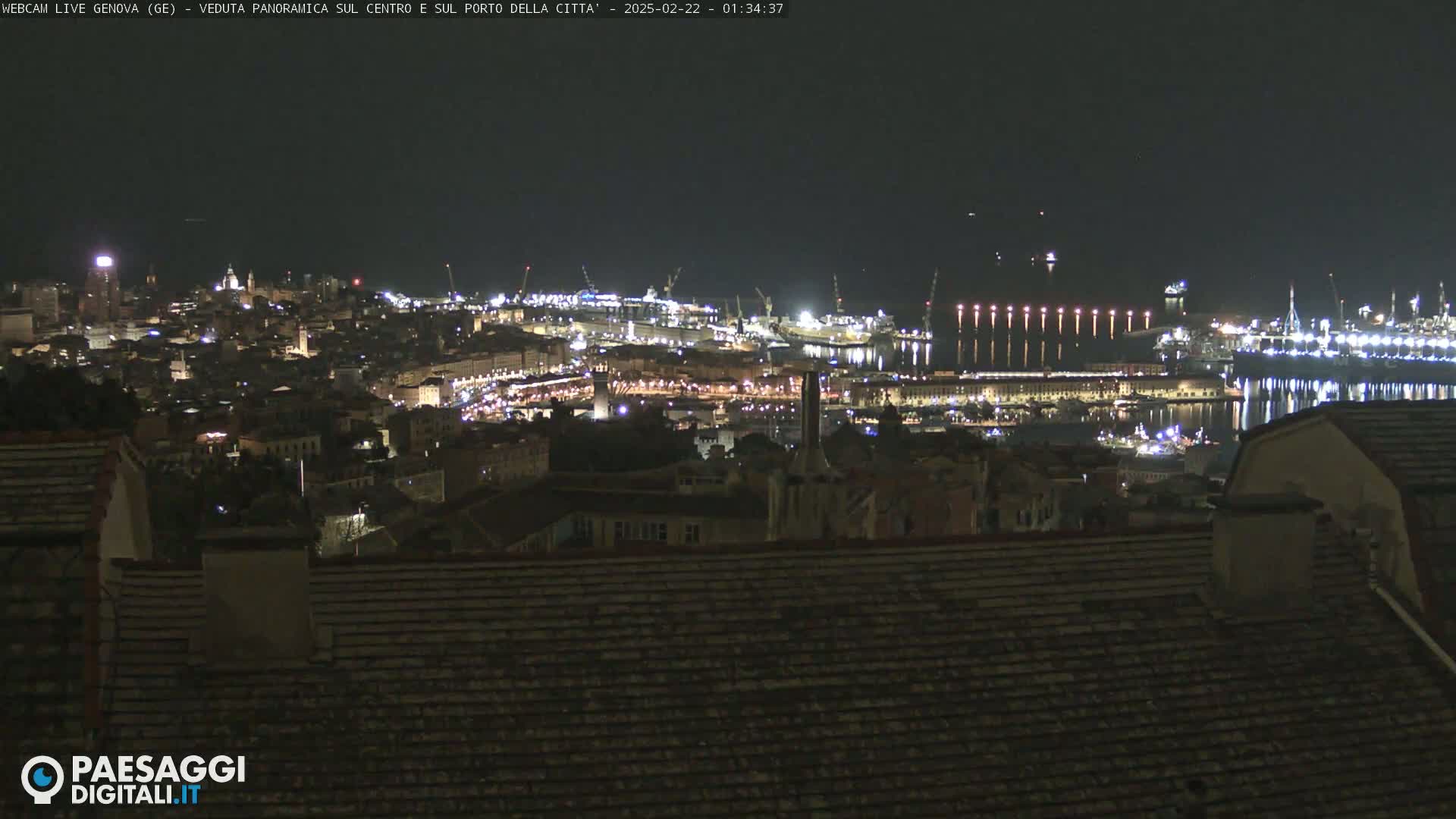 A nighttime, panoramic view of a city and harbor illuminated by lights, with a dark sky above.