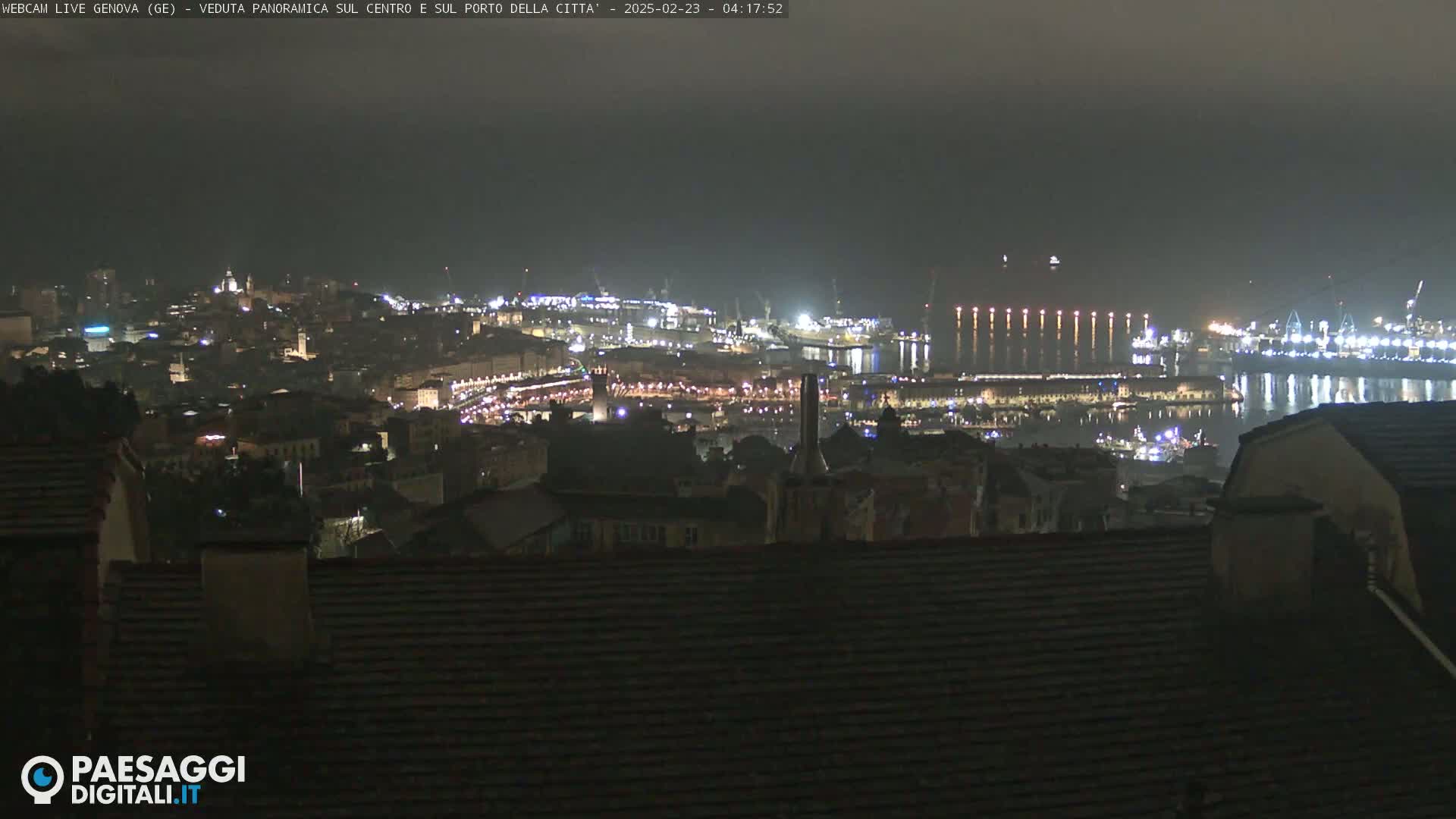 A nighttime, panoramic view of a city's harbor and illuminated buildings, extending from the waterfront to a higher elevation.