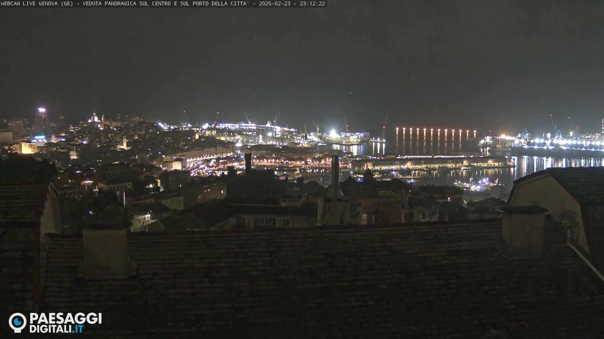 A nighttime panoramic view of a city and harbor, brightly lit against a dark sky.