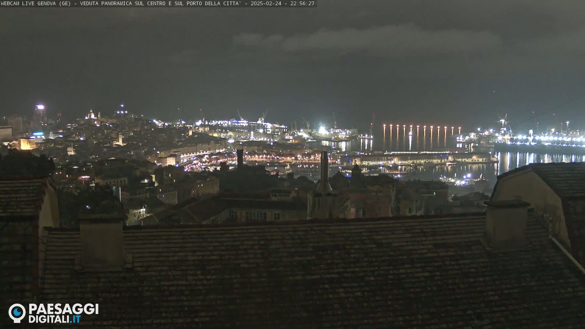 A nighttime, panoramic view of a city's harbor and cityscape, under a partly cloudy sky.