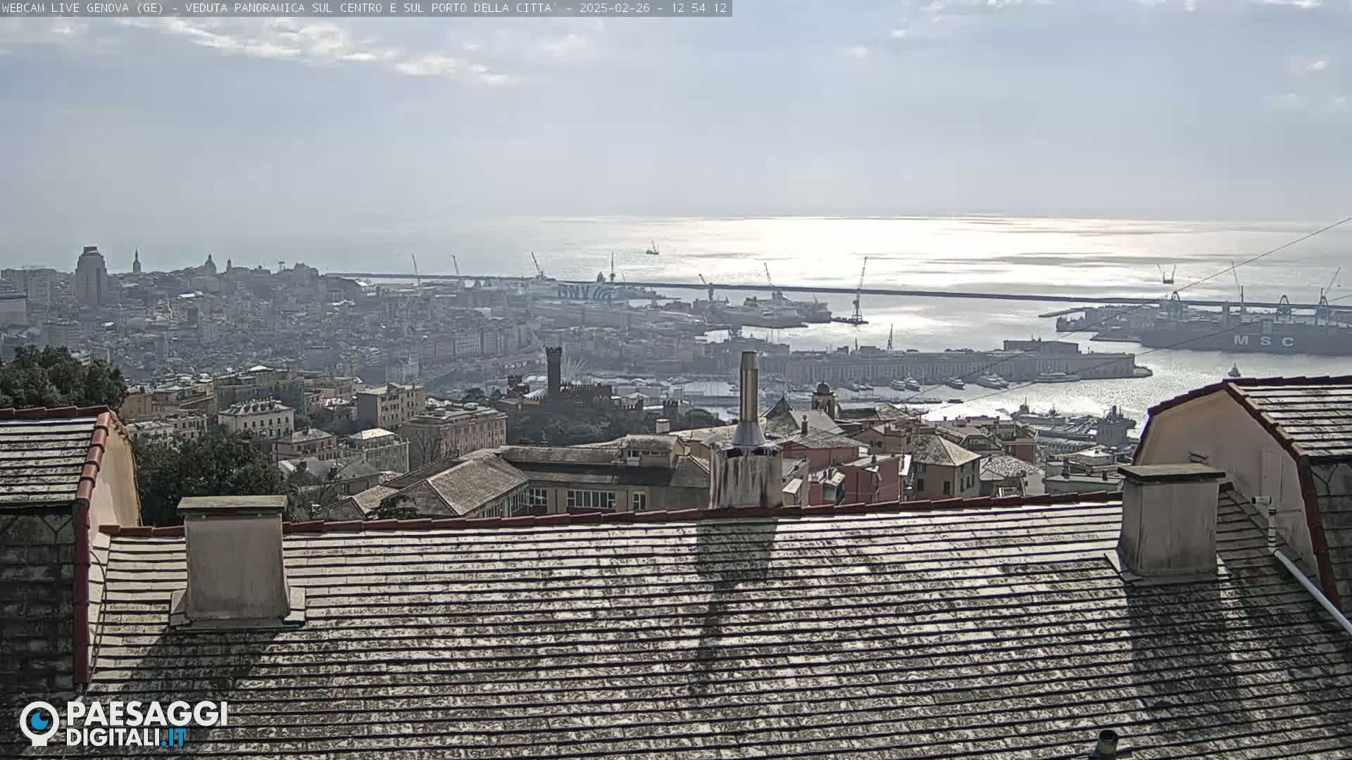 A panoramic view of a city and harbor on a sunny day, seen from a rooftop with the sea in the background.