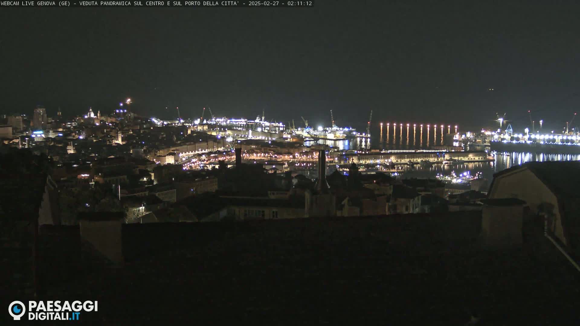A nighttime, panoramic view of a city and harbor, brightly lit against a dark sky.