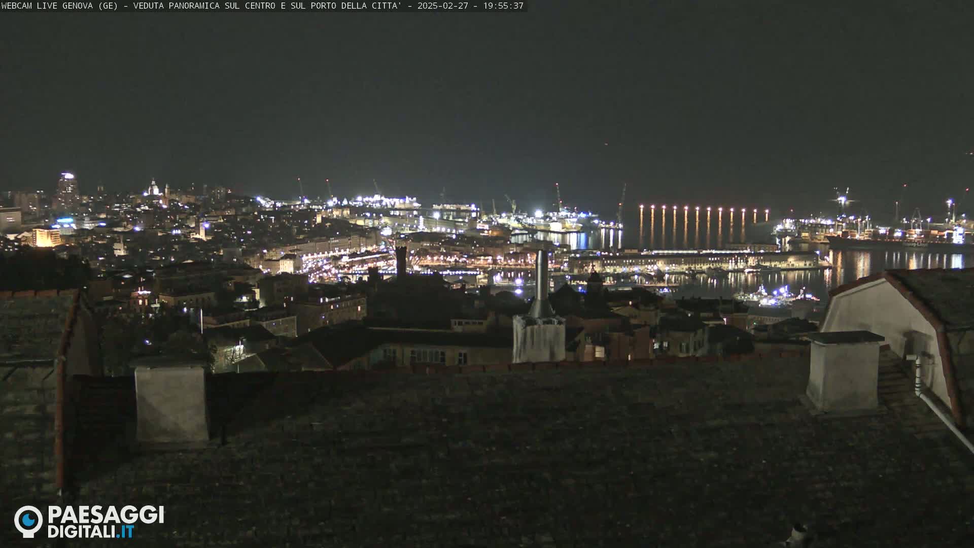 A nighttime panoramic view of a city and harbor, illuminated with many lights.