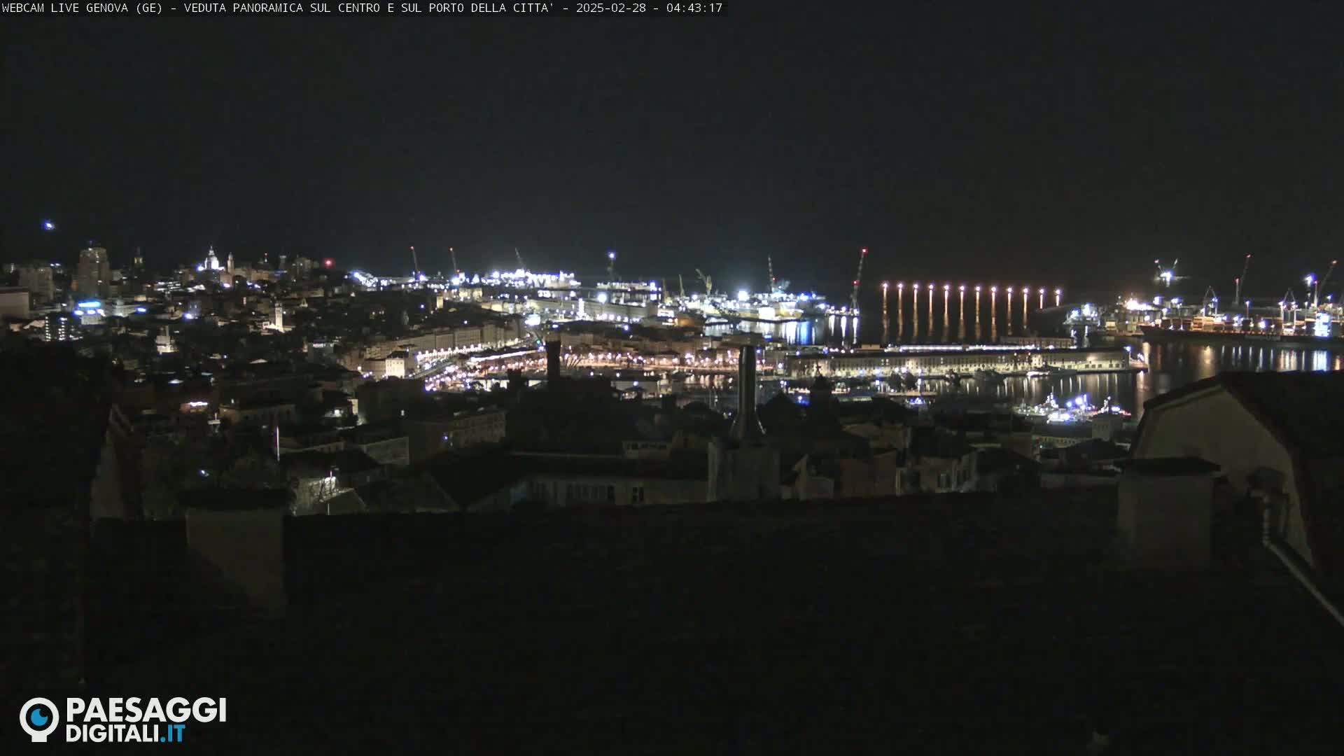 A nighttime, panoramic view of a city's illuminated harbor and buildings.