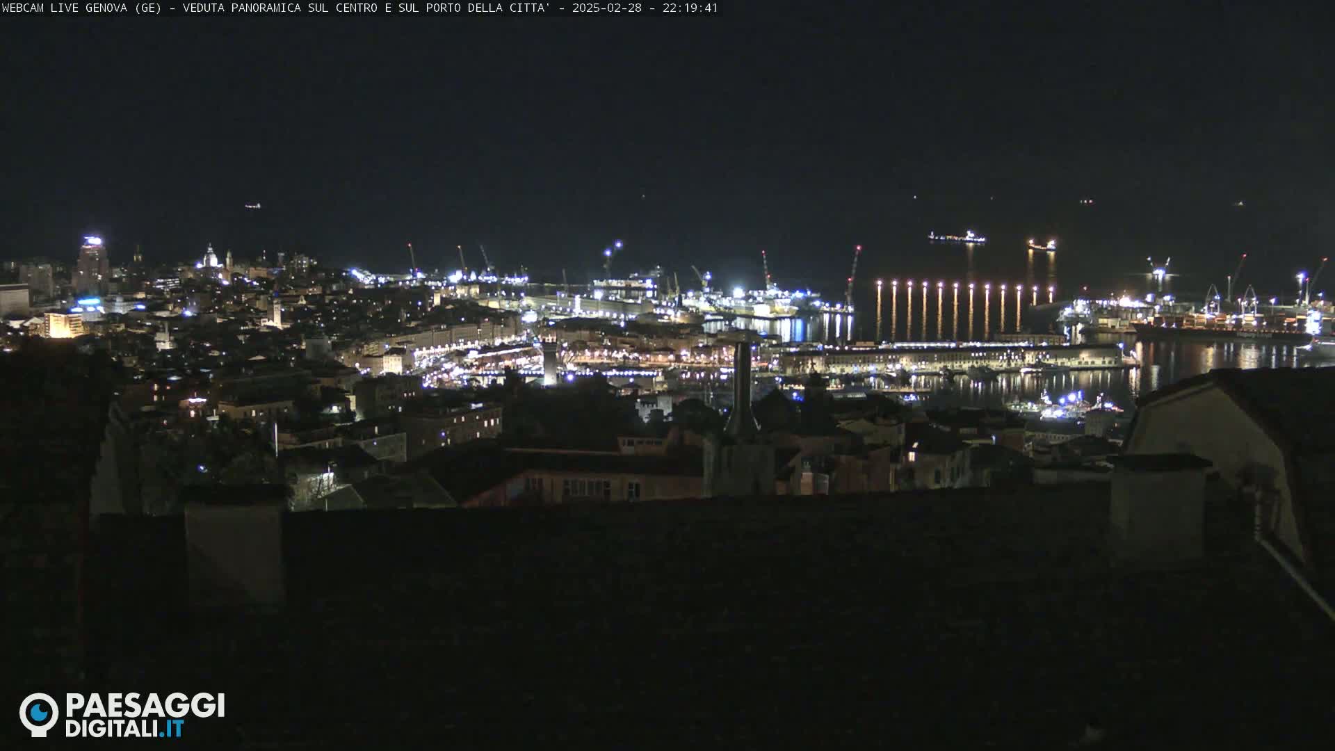 A nighttime, panoramic view of a city's illuminated harbor and buildings.
