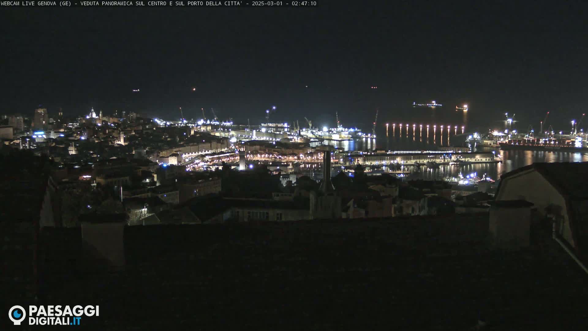 A nighttime, panoramic view of a city and harbor, illuminated by lights, under a clear, dark sky.