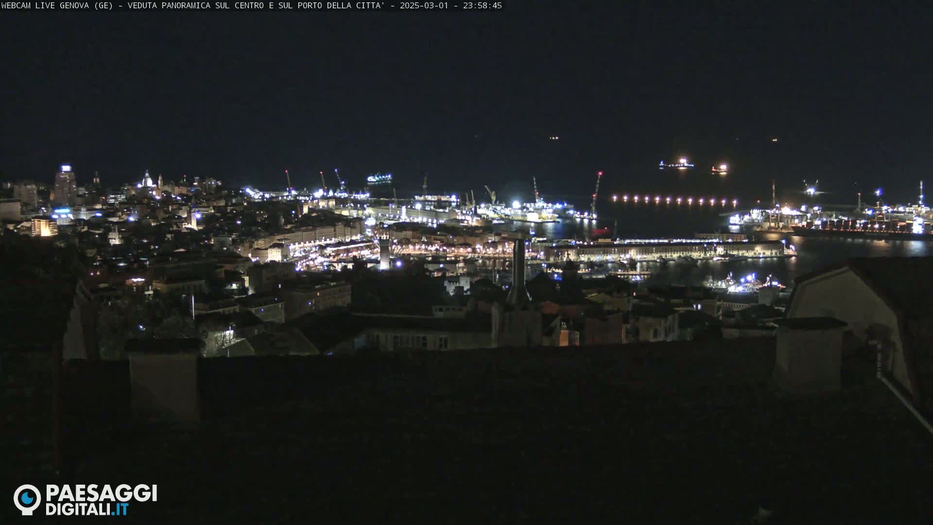 A nighttime panoramic view of a city's harbor and cityscape, illuminated with many lights.