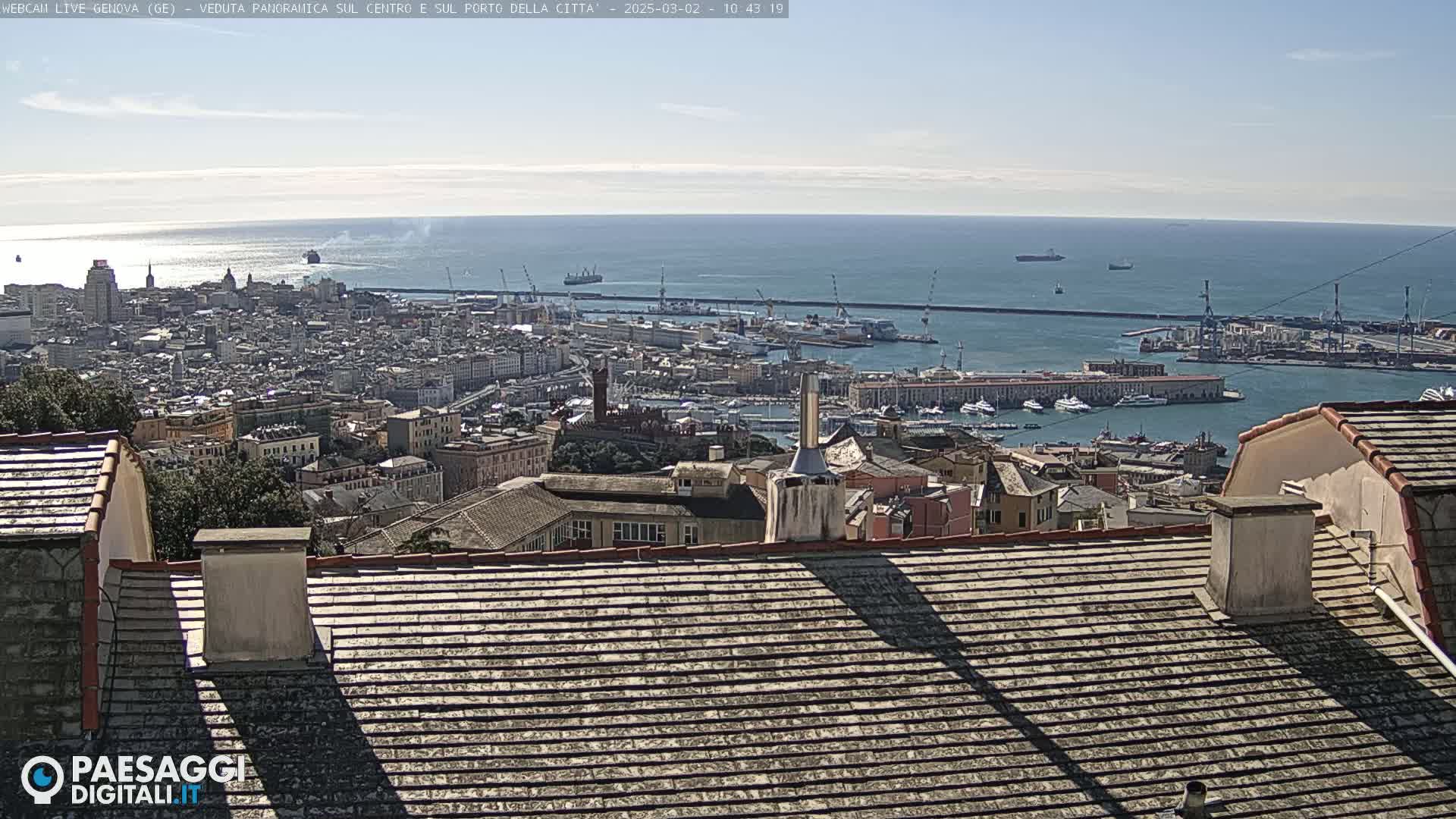 A panoramic view of a city and harbor on a sunny day, with a large body of water extending to the horizon.
