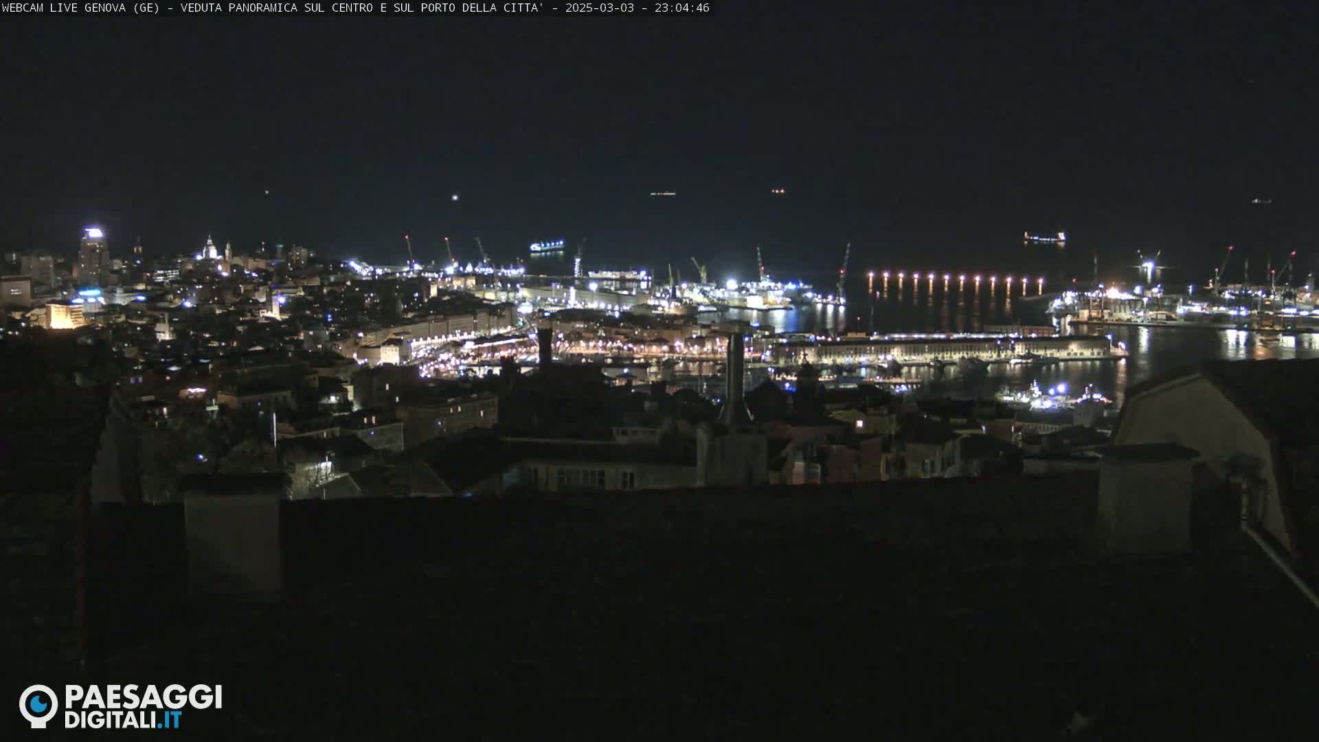 A nighttime panoramic view of a city's illuminated harbor and buildings under a clear, dark sky.