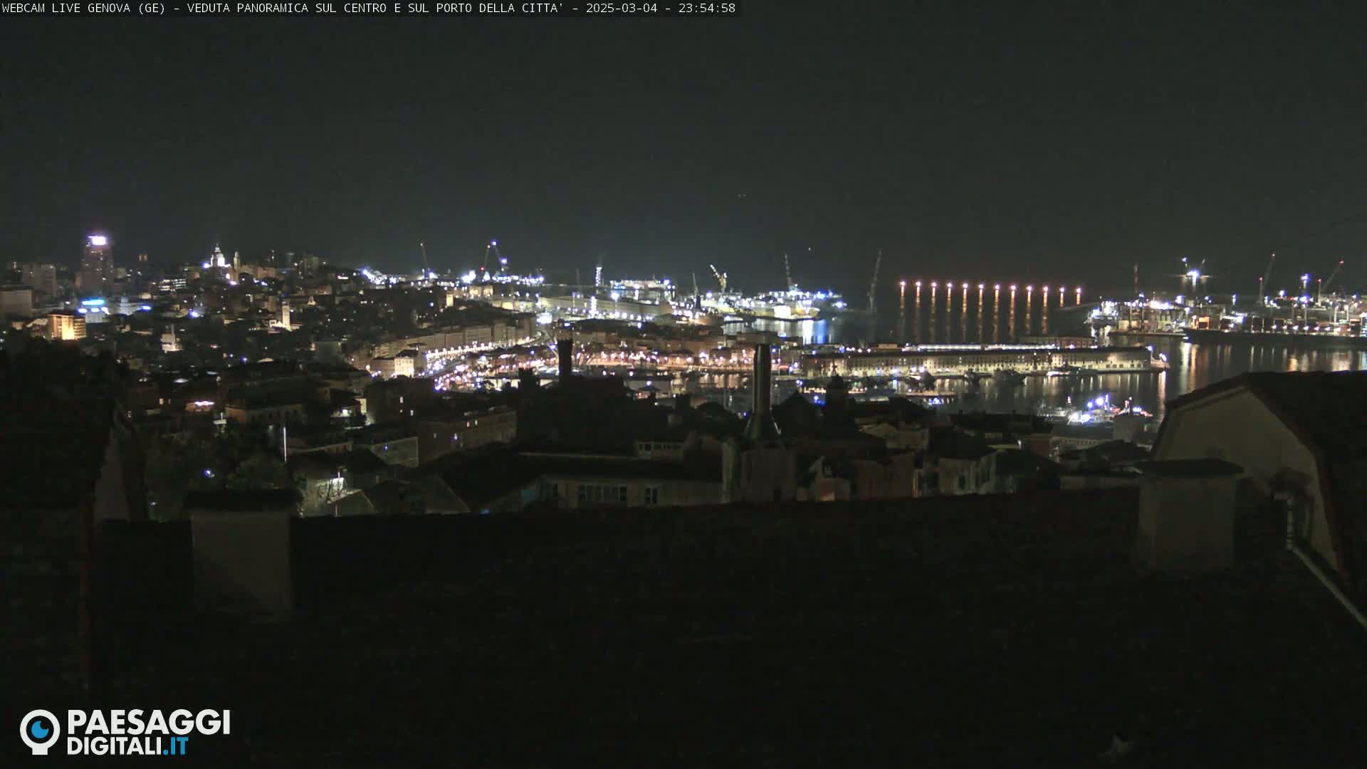 A nighttime panoramic view of a city and harbor, illuminated by numerous lights.