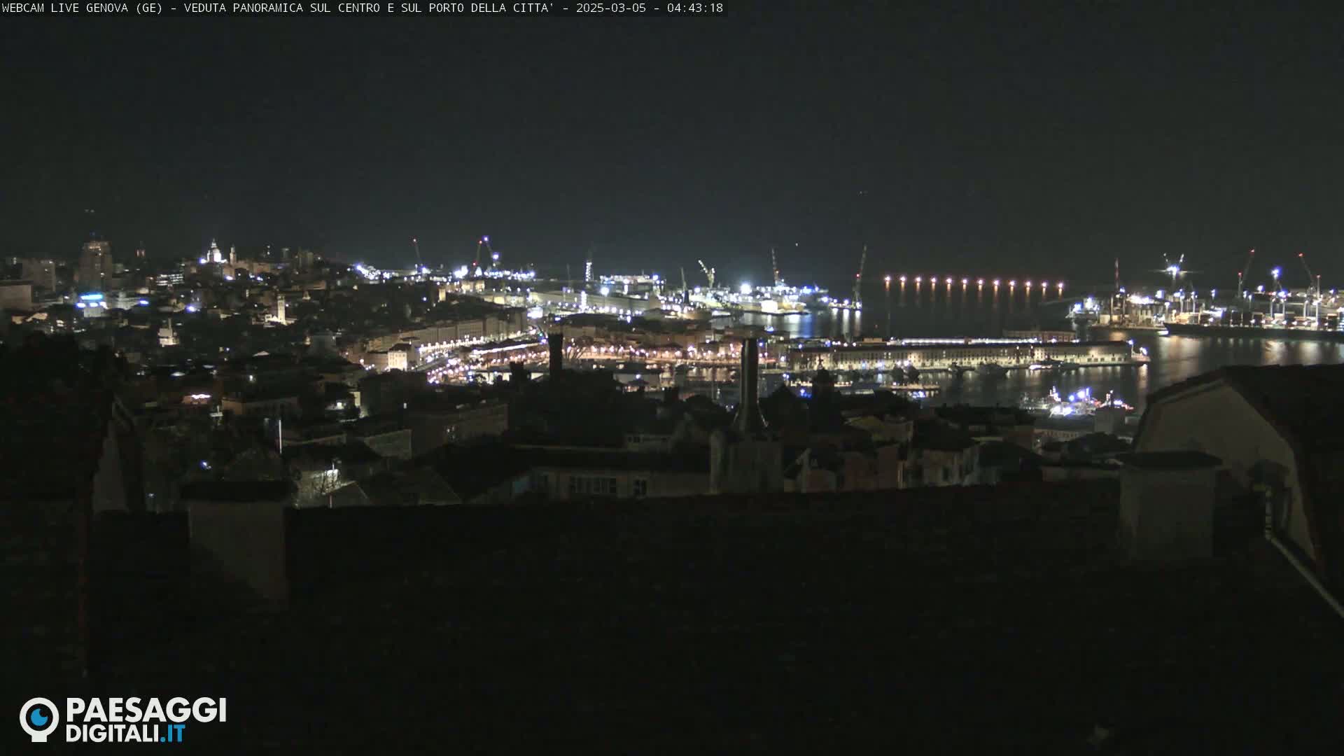 A nighttime panoramic view of a city harbor with many lights illuminating buildings and ships.