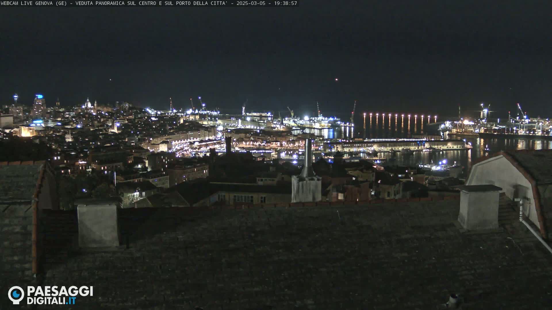 A nighttime, panoramic view of a city and harbor illuminated by lights, under a clear, dark sky.