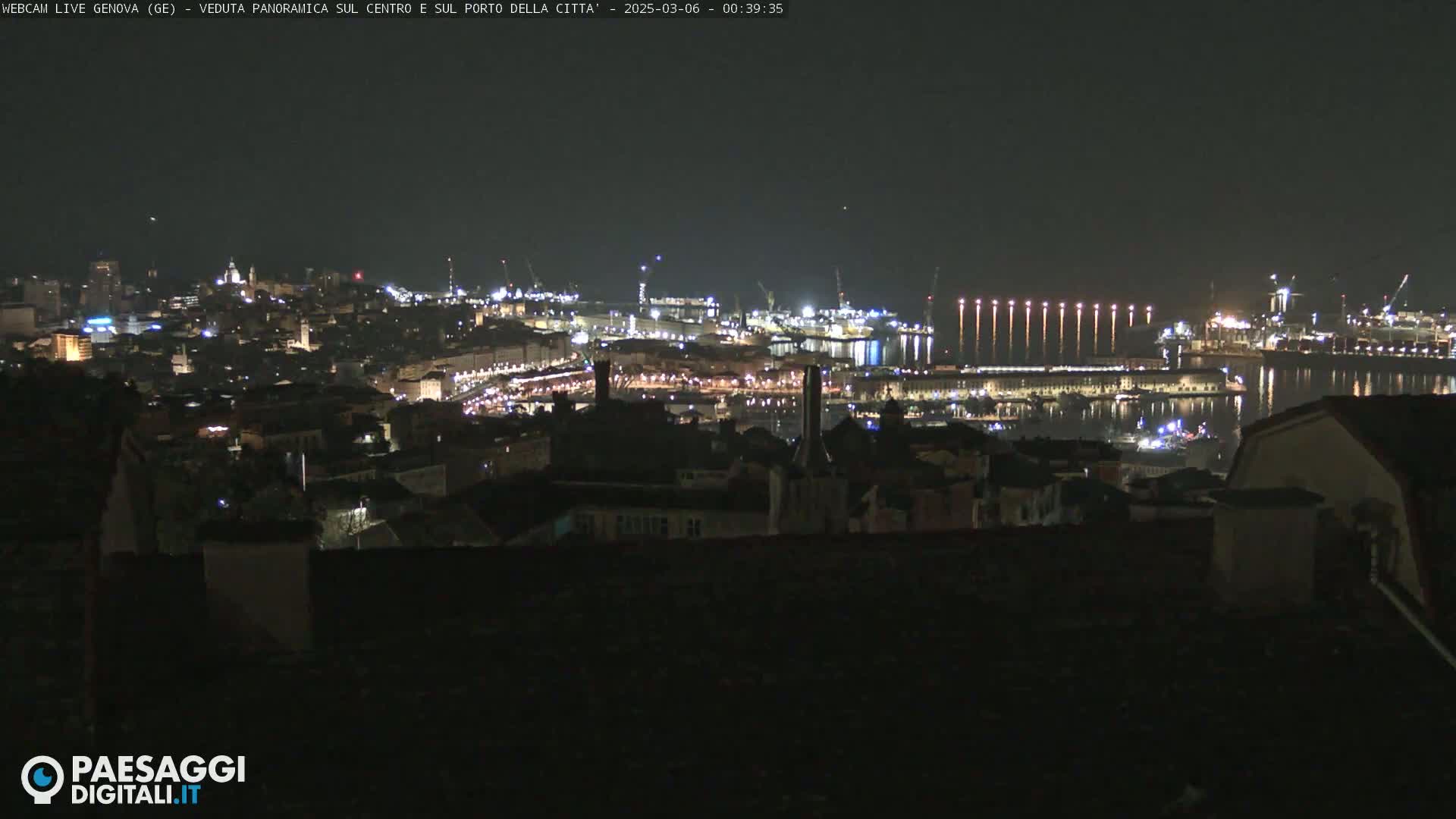 A nighttime panoramic view of a city's illuminated harbor and buildings under a clear, dark sky.