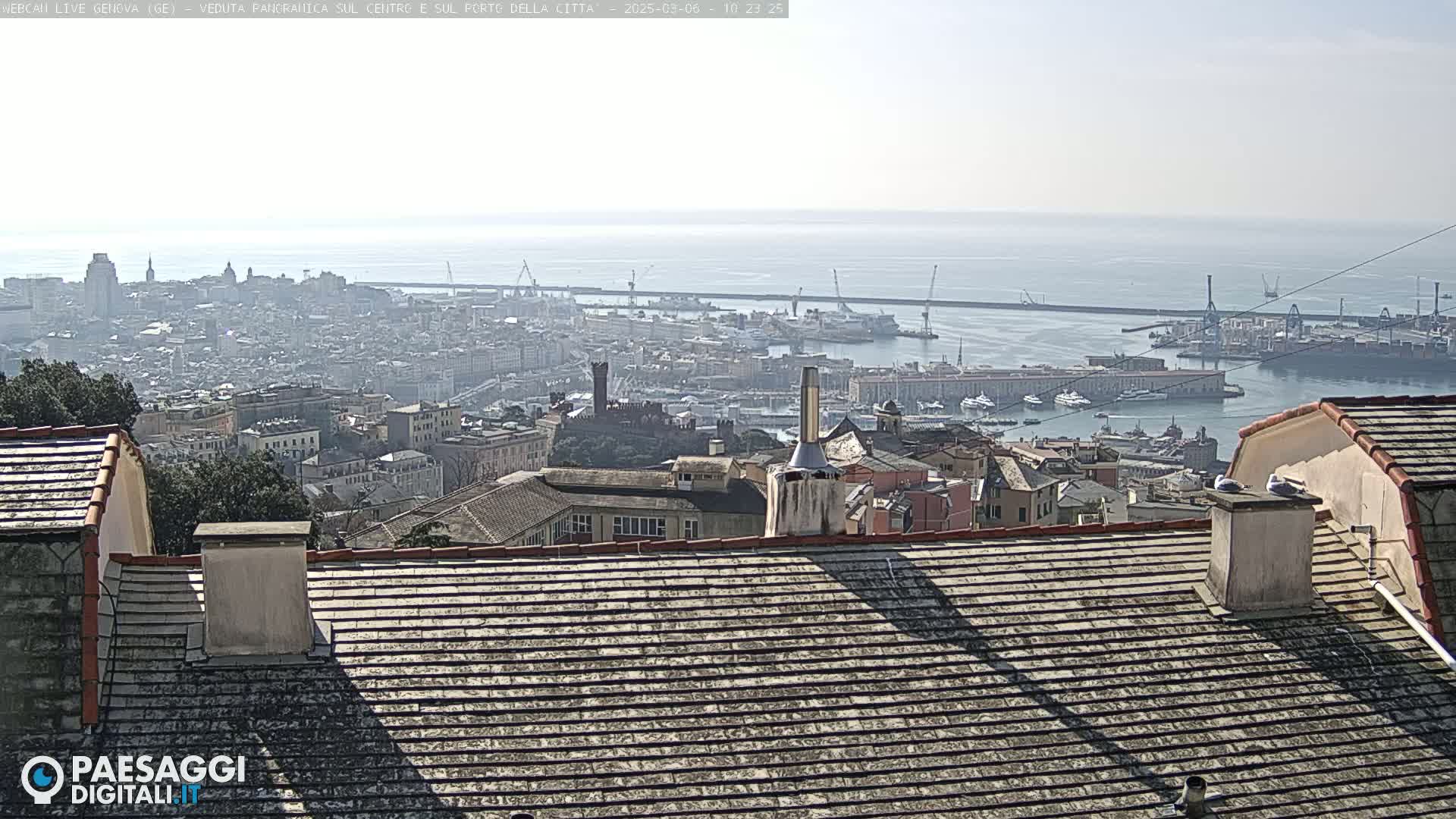 A hazy, sunny day overlooking a large city with a harbor and ocean in the distance, viewed from a rooftop.