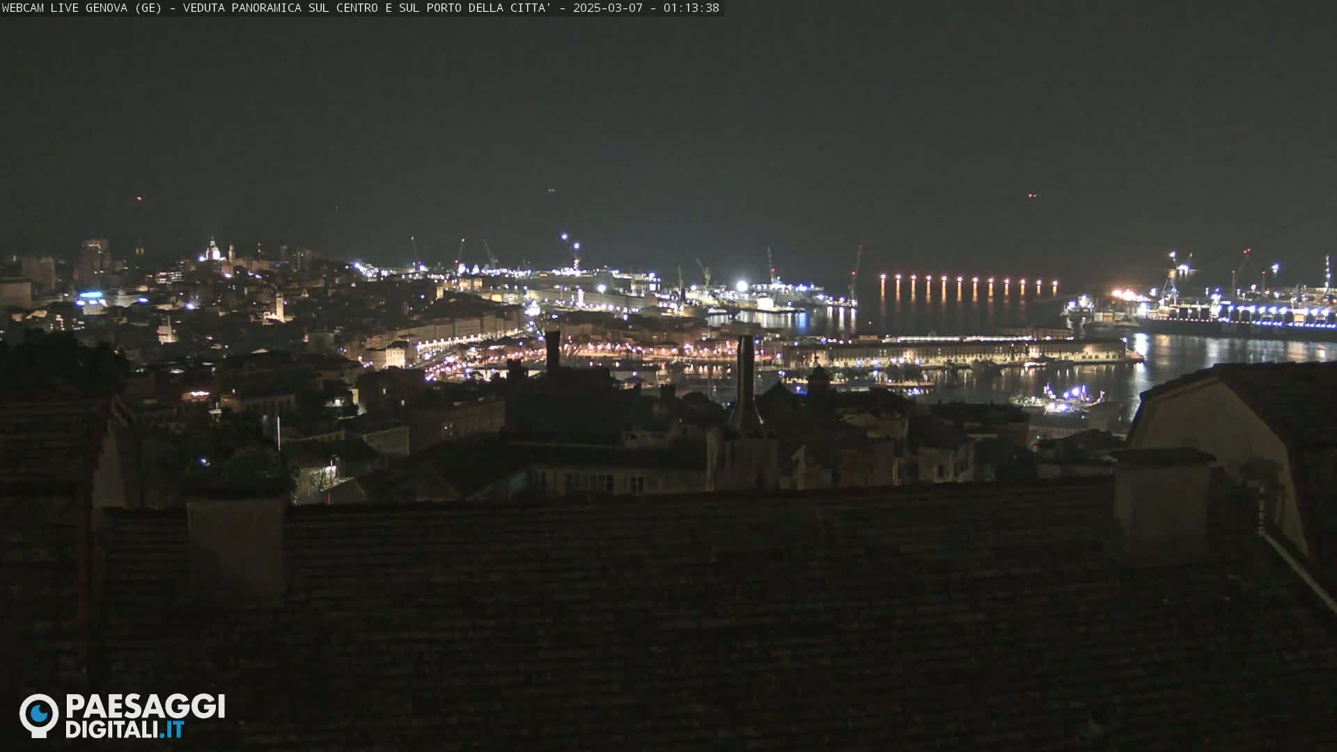A nighttime panoramic view of a city's illuminated harbor and buildings, seen from a higher vantage point.