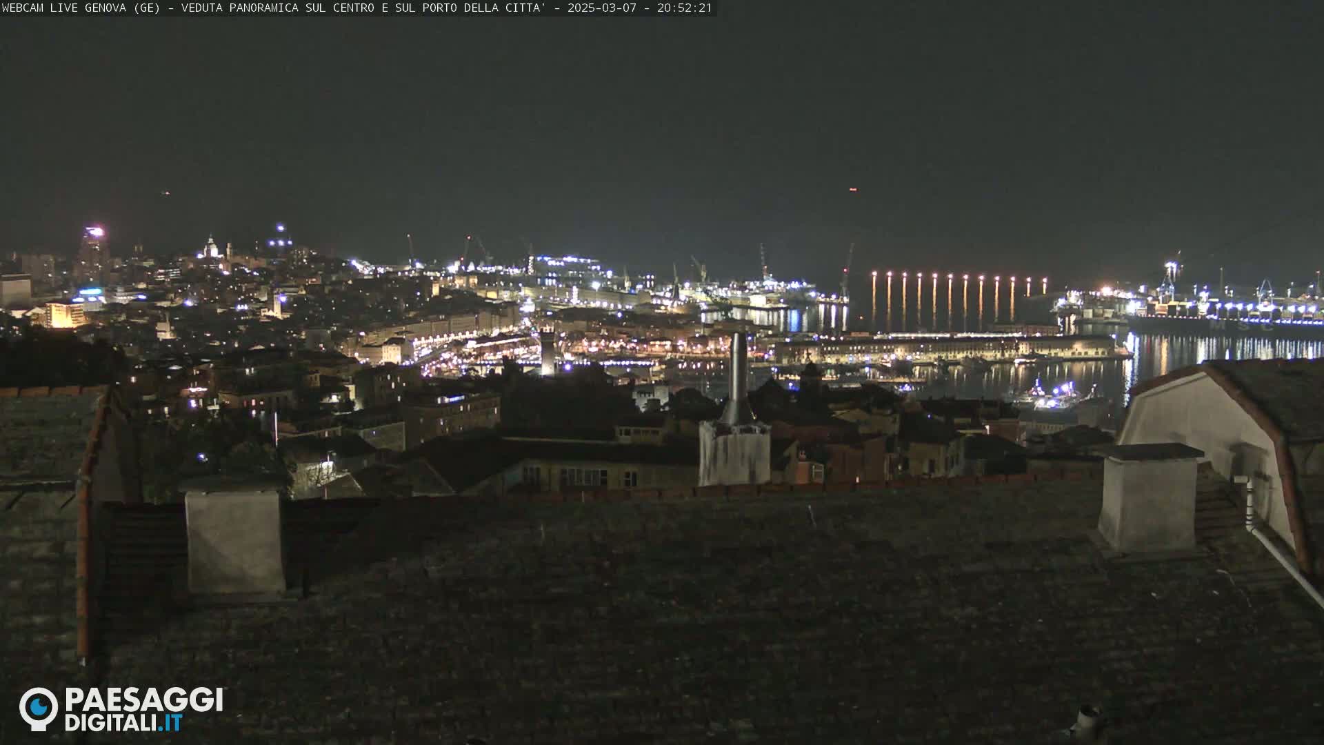A nighttime, panoramic view of a city's harbor and illuminated cityscape, seen from a rooftop.