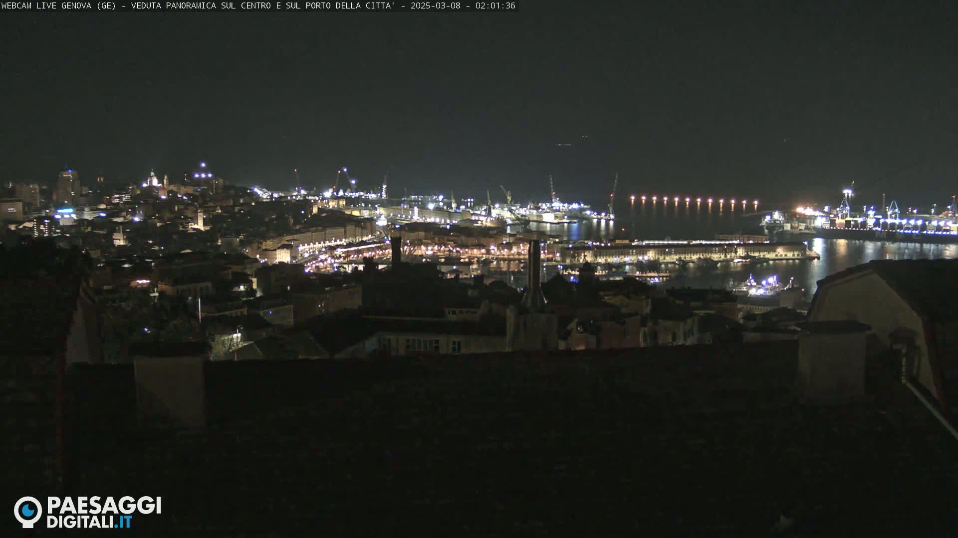 A nighttime, panoramic view of a city's illuminated harbor and buildings.