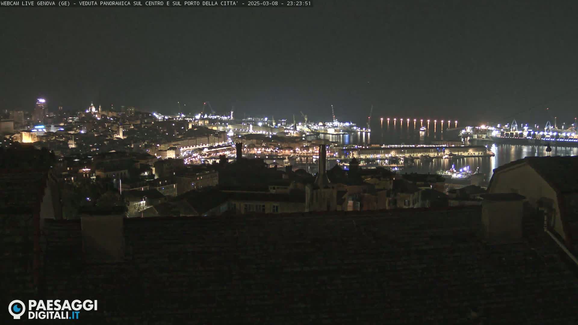 A nighttime panoramic view of a city and its harbor, illuminated by city lights.