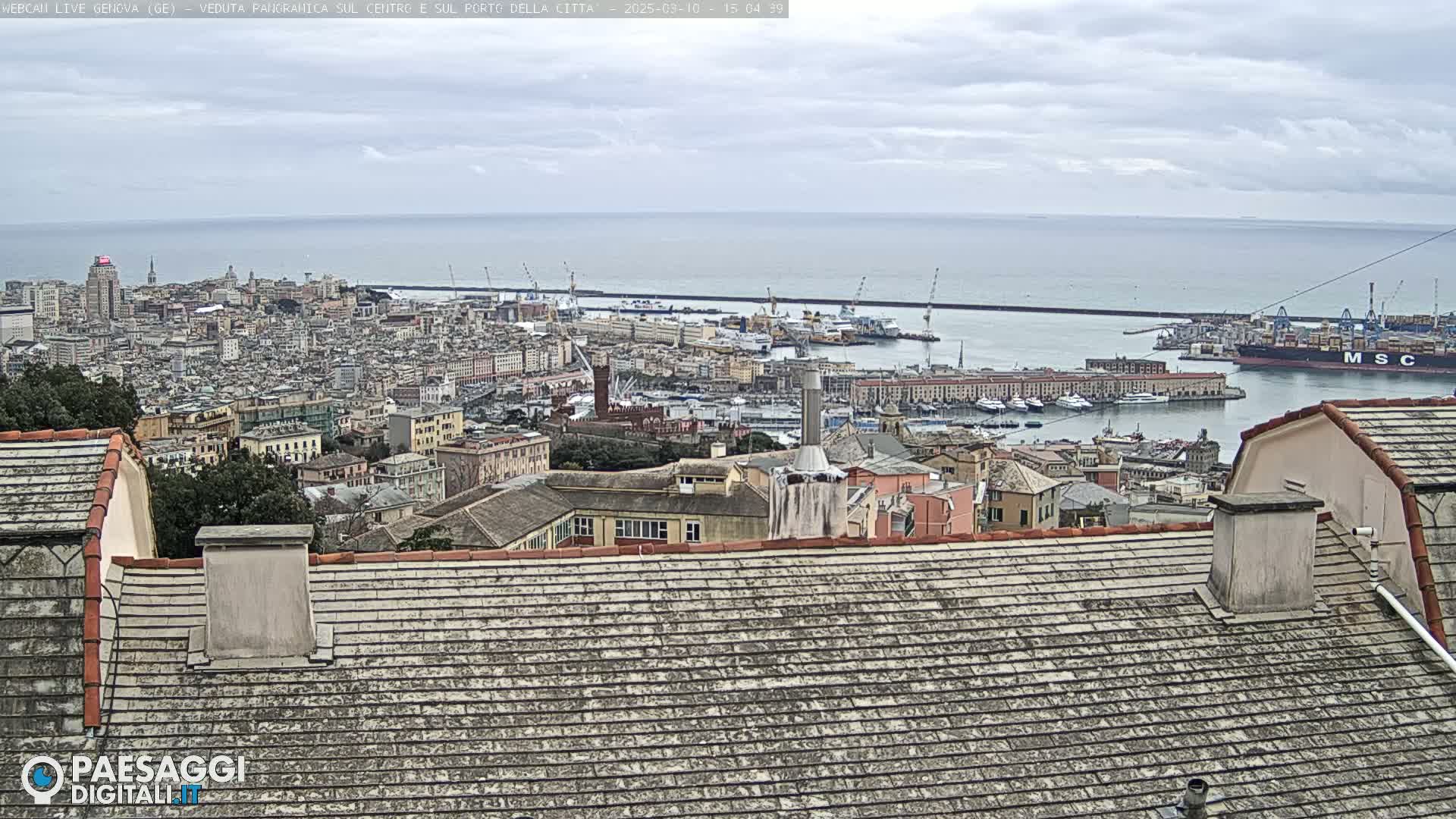 An overcast day reveals a panoramic view of a city's harbor, filled with ships and boats, extending to a cityscape that stretches to the horizon.