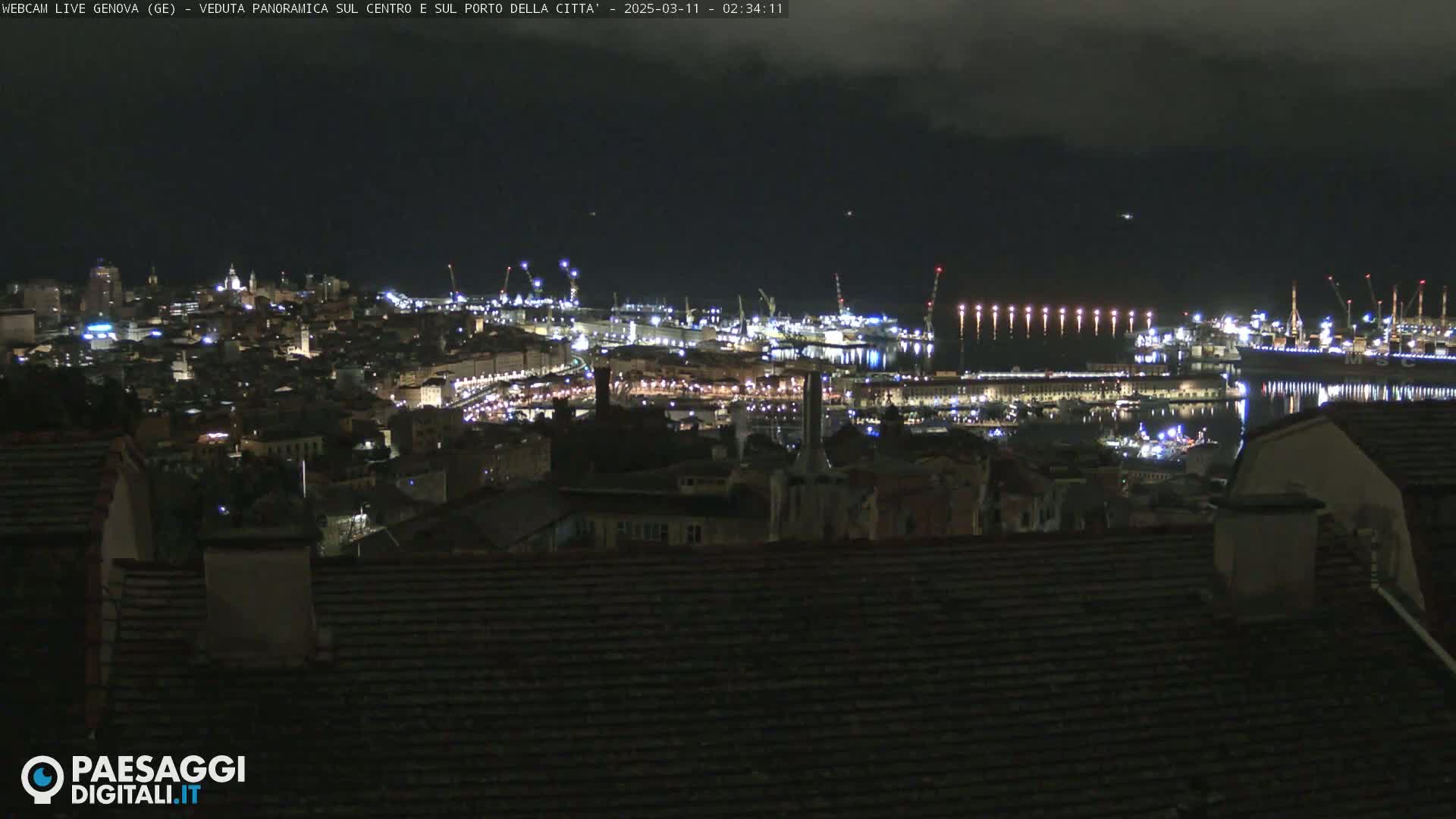 A nighttime, panoramic view of a city harbor with many lights, under a cloudy sky.