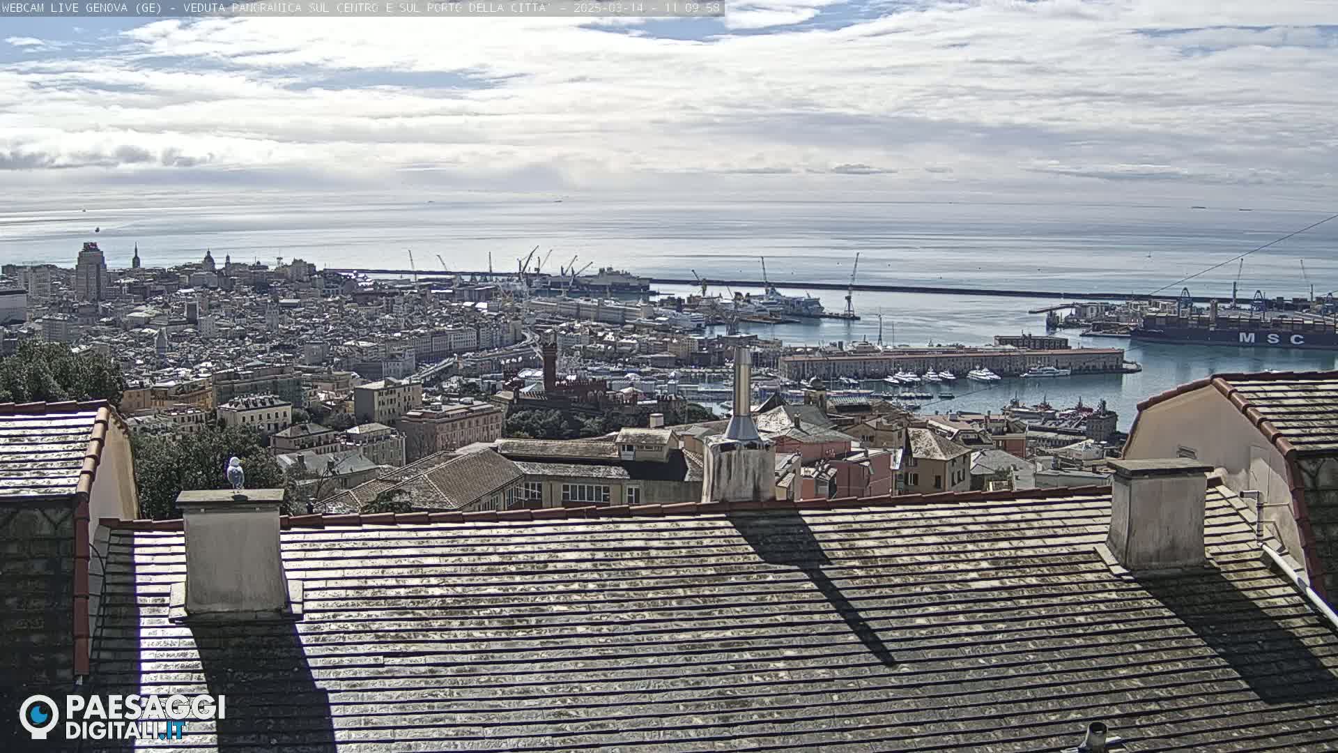 A panoramic view of a city harbor with many buildings and ships under a partly cloudy sky.