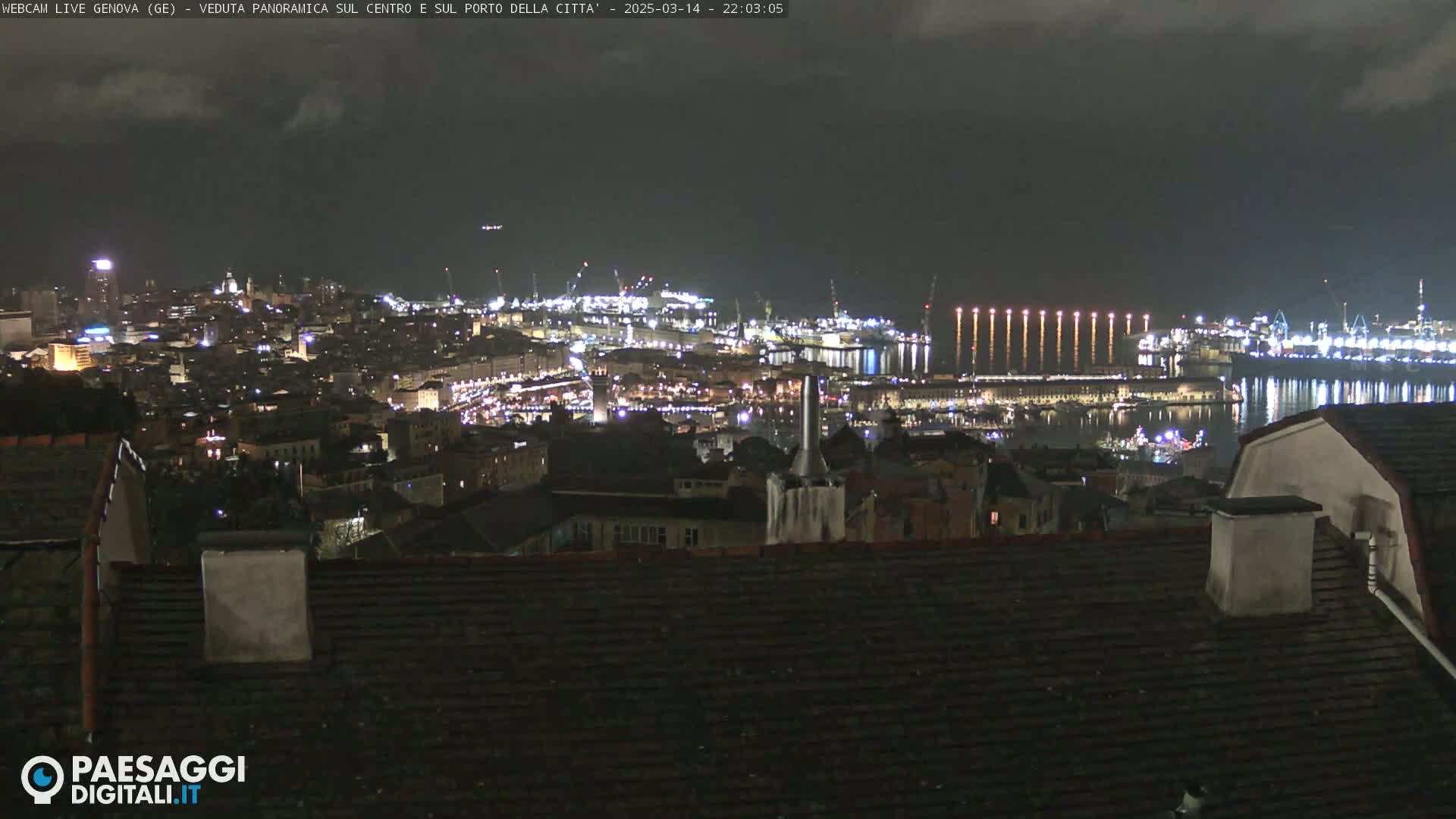 A nighttime, panoramic view of a city's harbor and illuminated cityscape under a partly cloudy sky.
