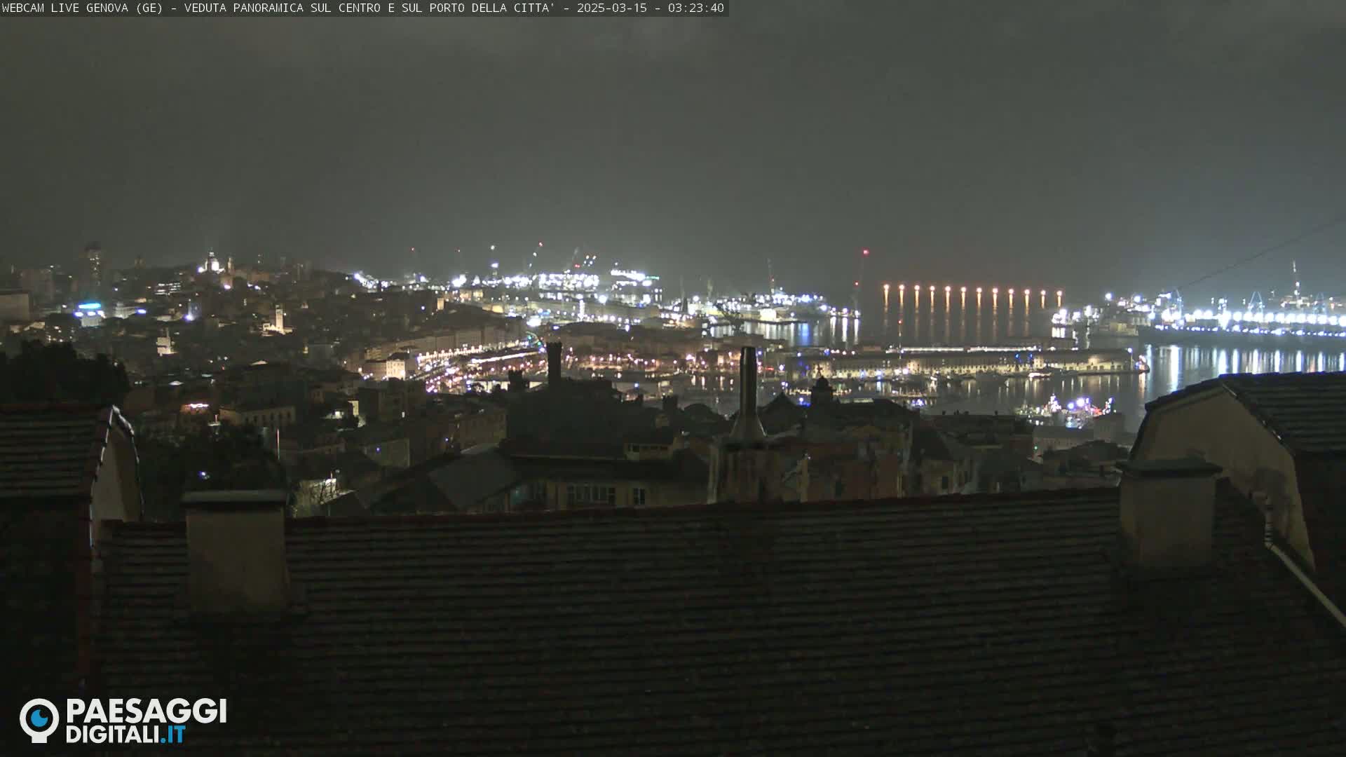 A nighttime, panoramic view of a city harbor and town, illuminated by lights, under a dark, possibly overcast sky.