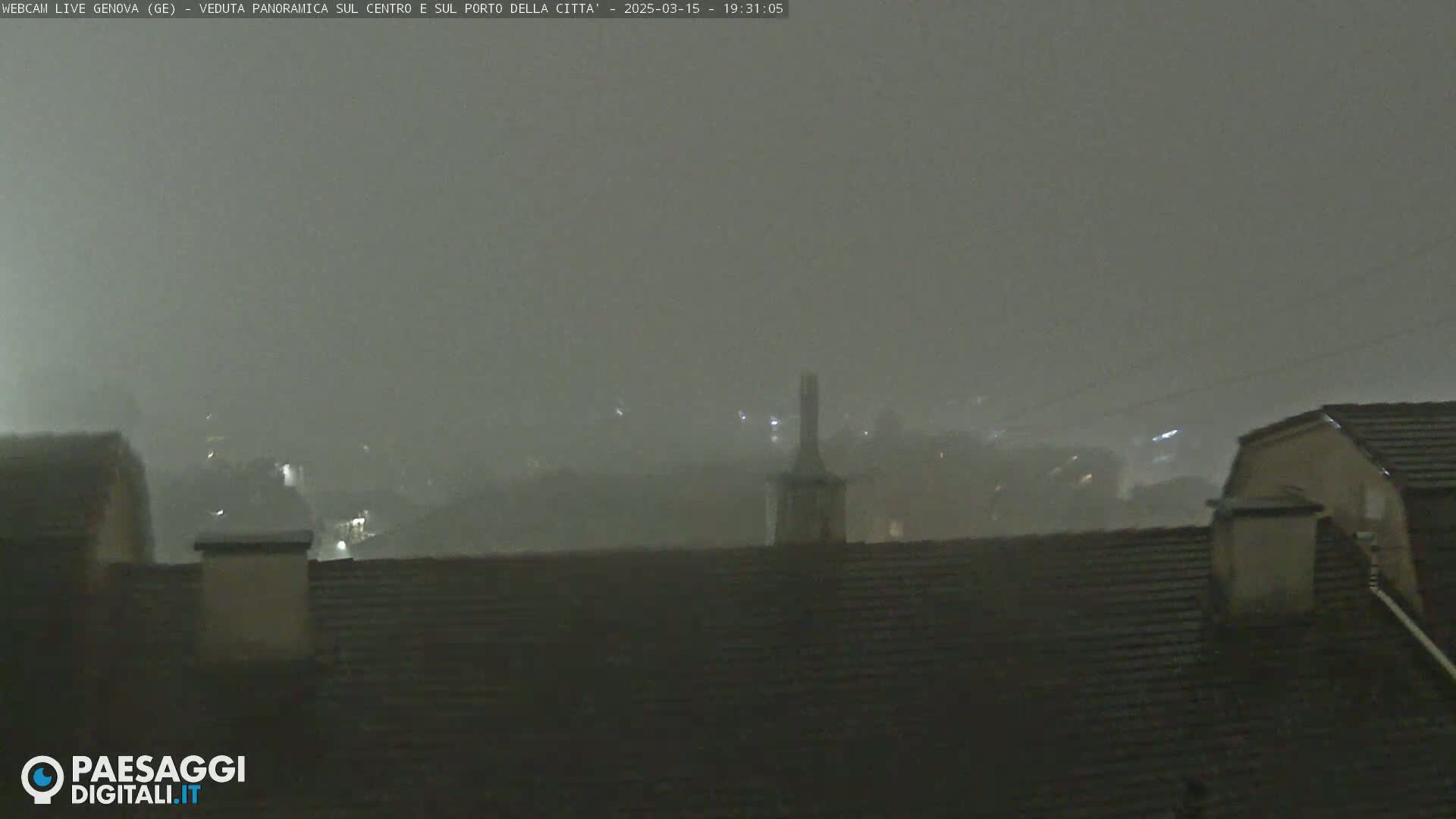 A nighttime, hazy, and rainy view of rooftops and a distant cityscape.