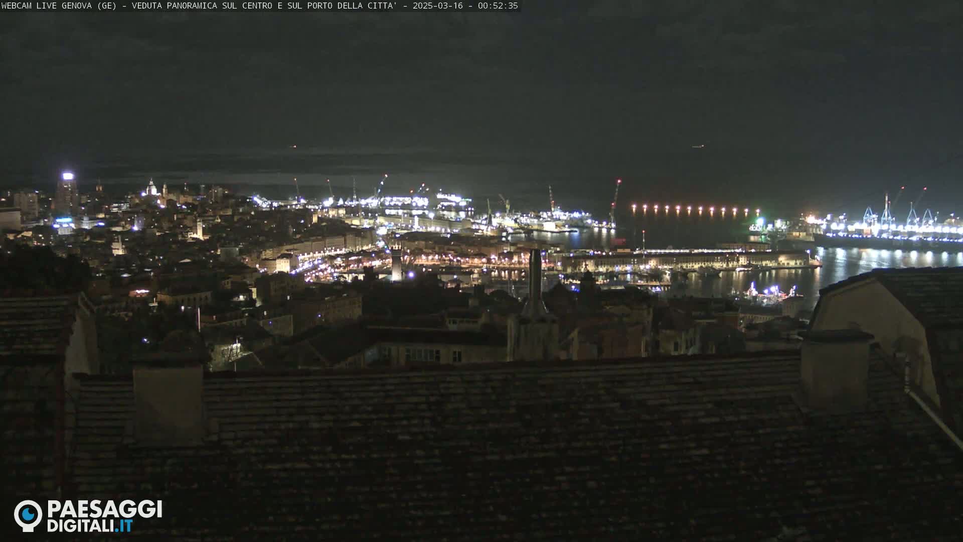 A nighttime, panoramic view of a city's illuminated harbor and cityscape.