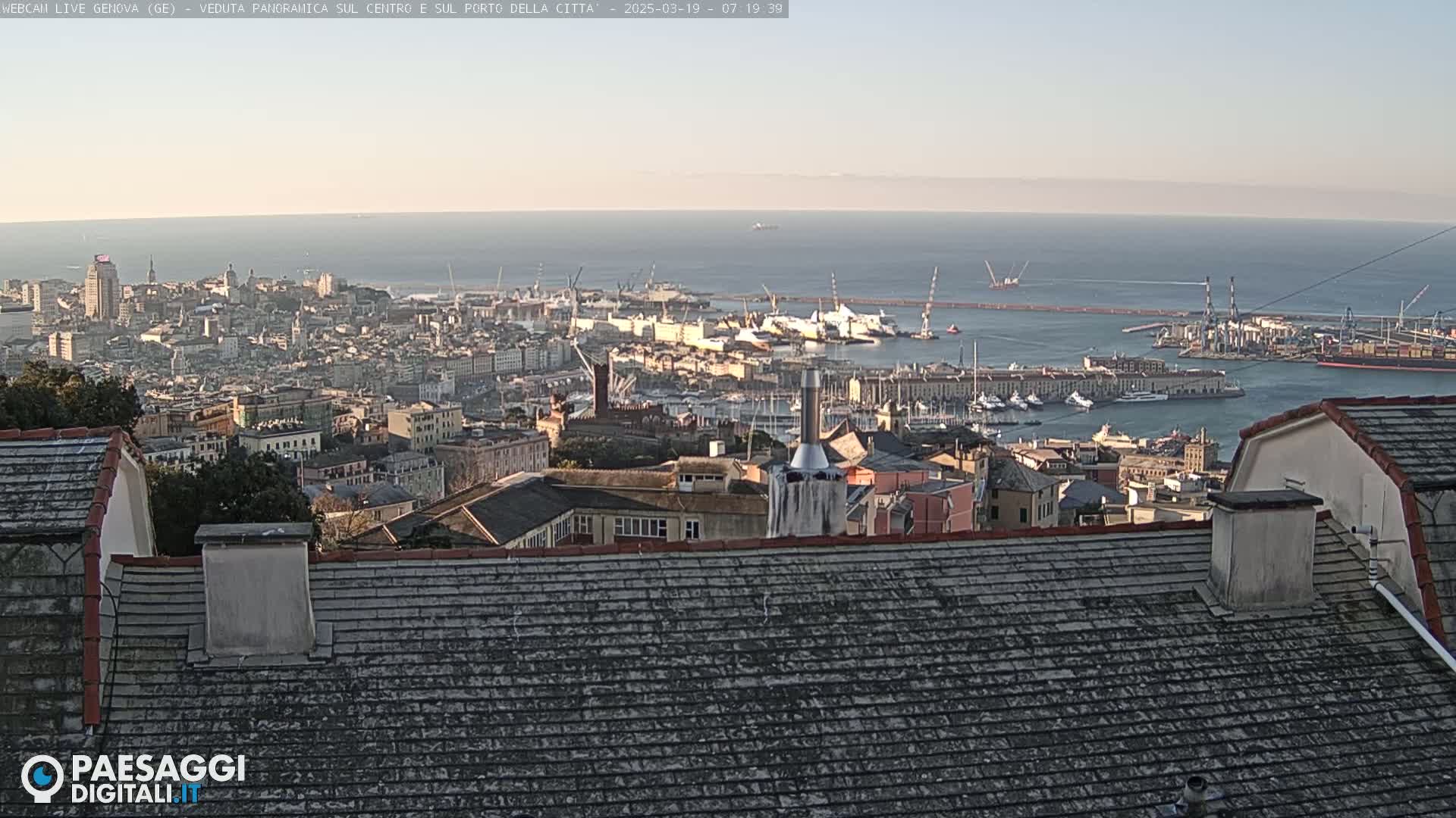 A panoramic view of a city and harbor on a clear day, showing a cityscape extending to a calm ocean.