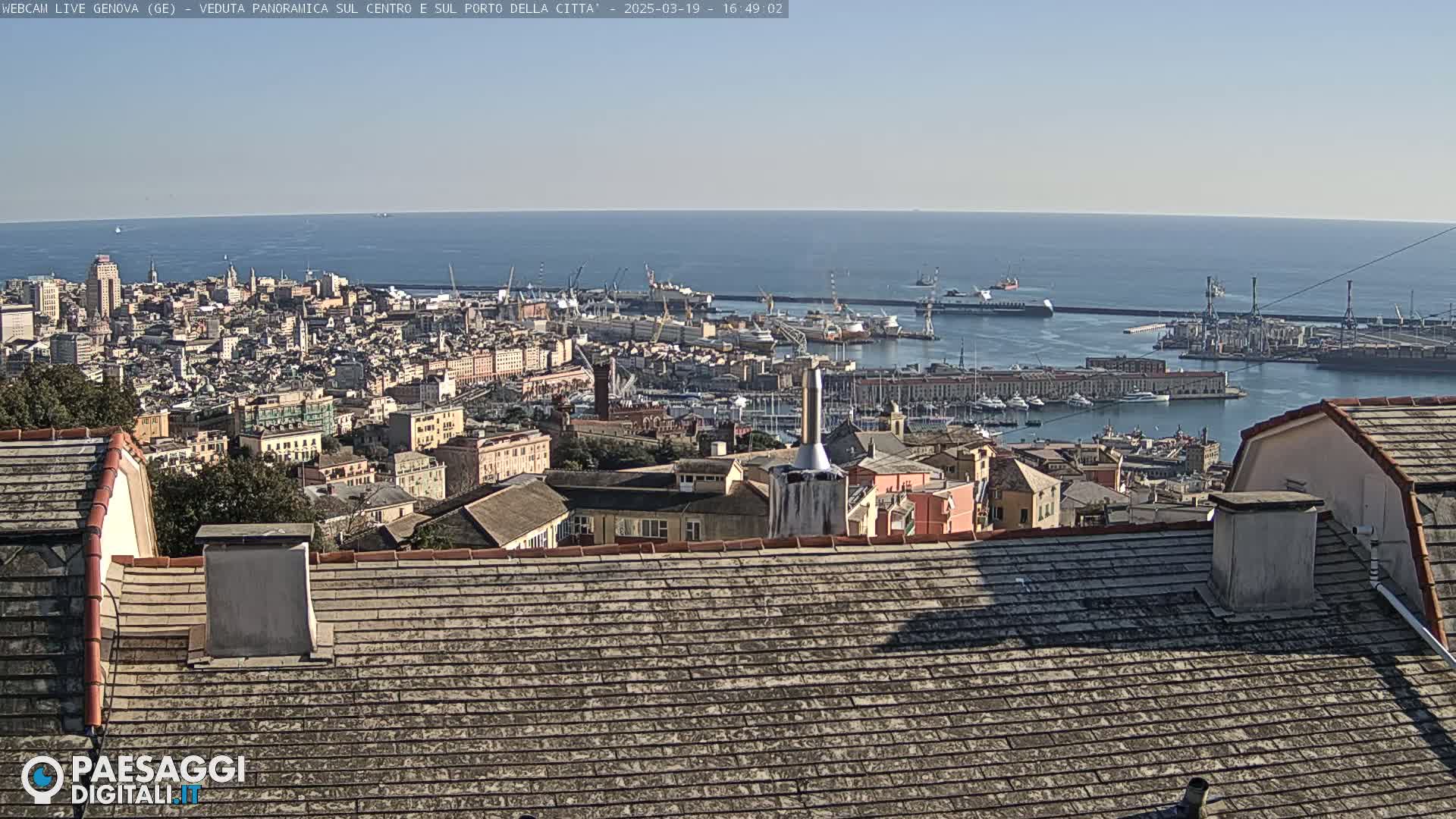 A panoramic view of a city and harbor on a sunny day, with a calm blue ocean in the background.