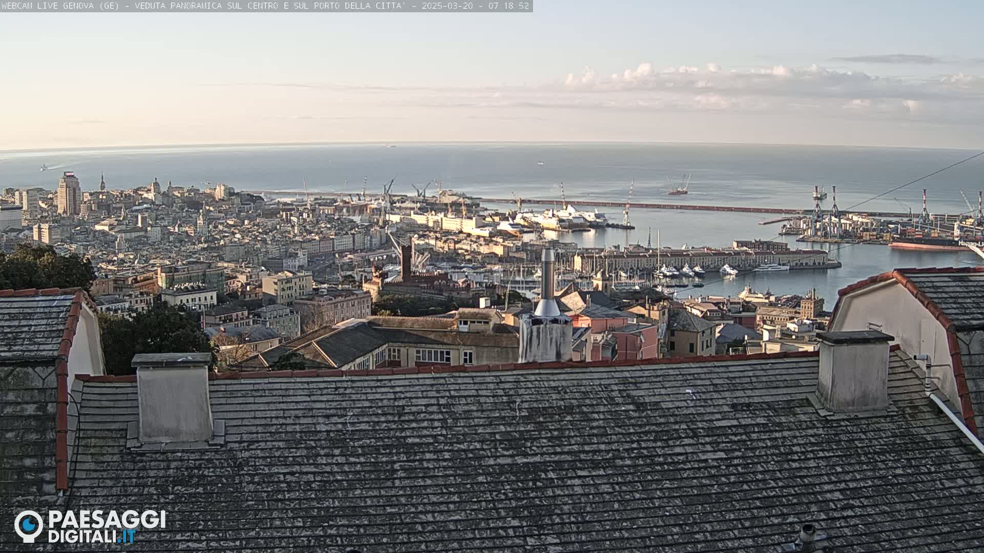 A panoramic view of a city and harbor on a partly cloudy day, with a calm sea extending to the horizon.