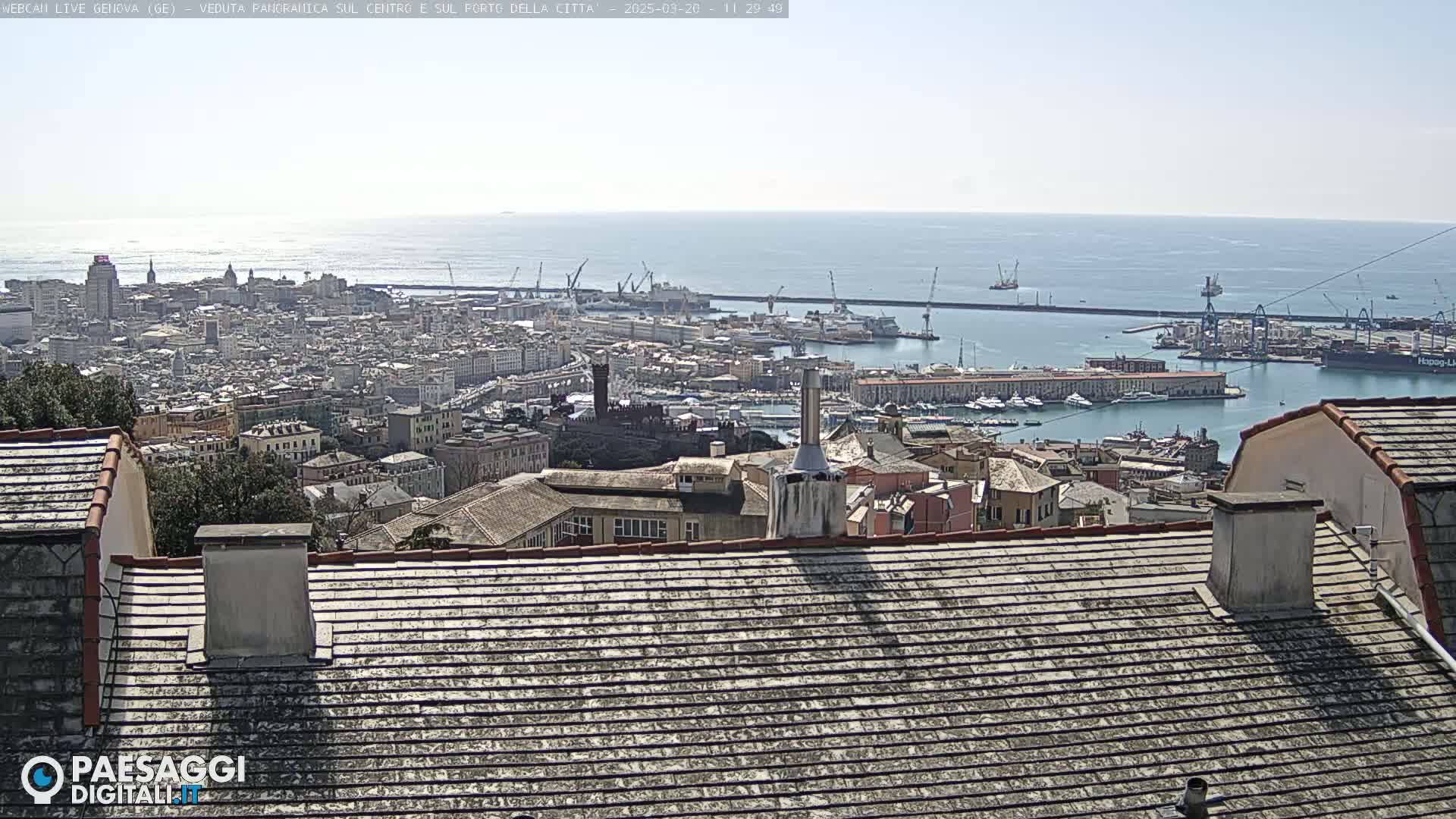A panoramic view of a city's harbor and buildings on a sunny day, seen from a rooftop.