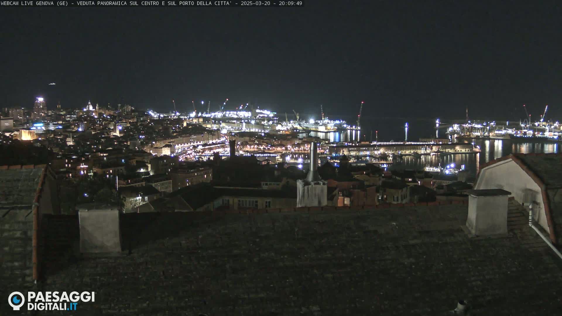A nighttime, panoramic view of a city's illuminated harbor and buildings, extending from a rooftop vantage point.