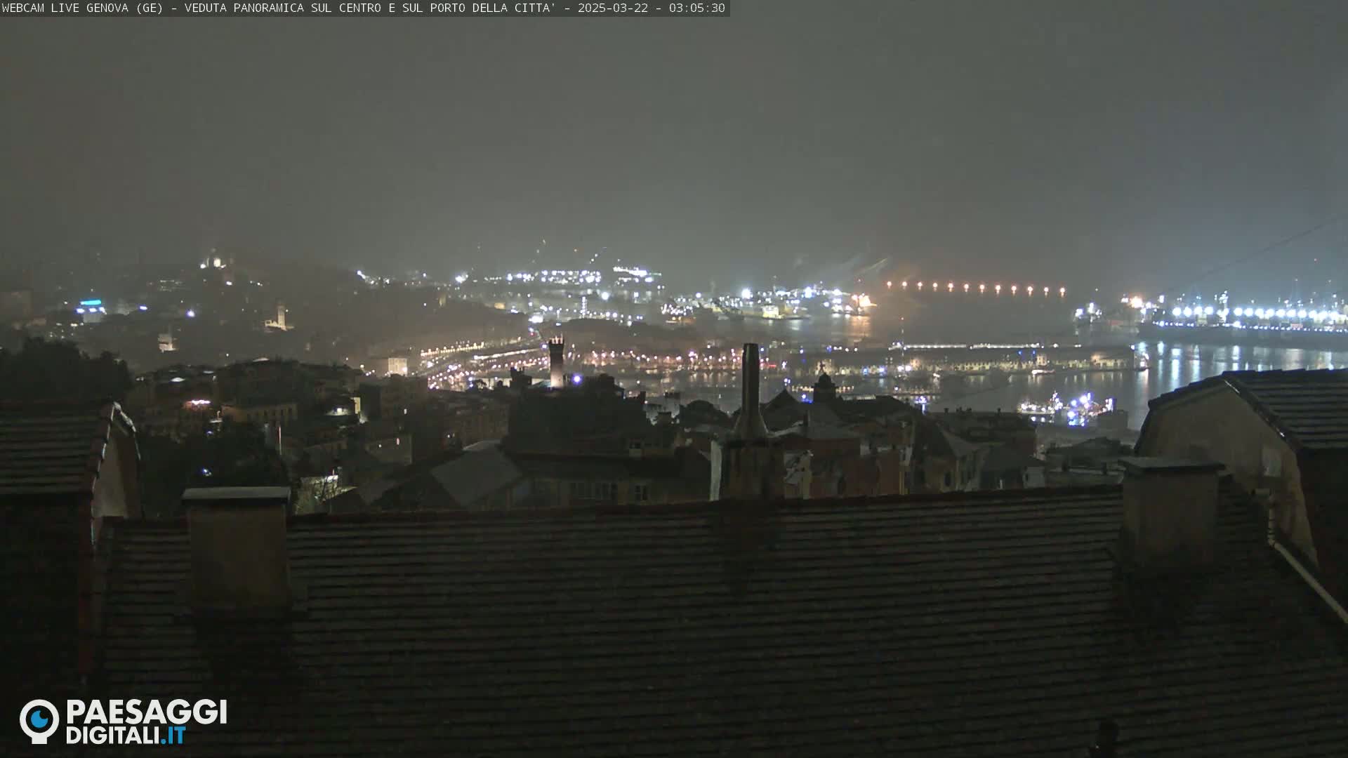 A nighttime, hazy view of a city harbor with lights illuminating buildings and ships, a light dusting of snow visible on rooftops.