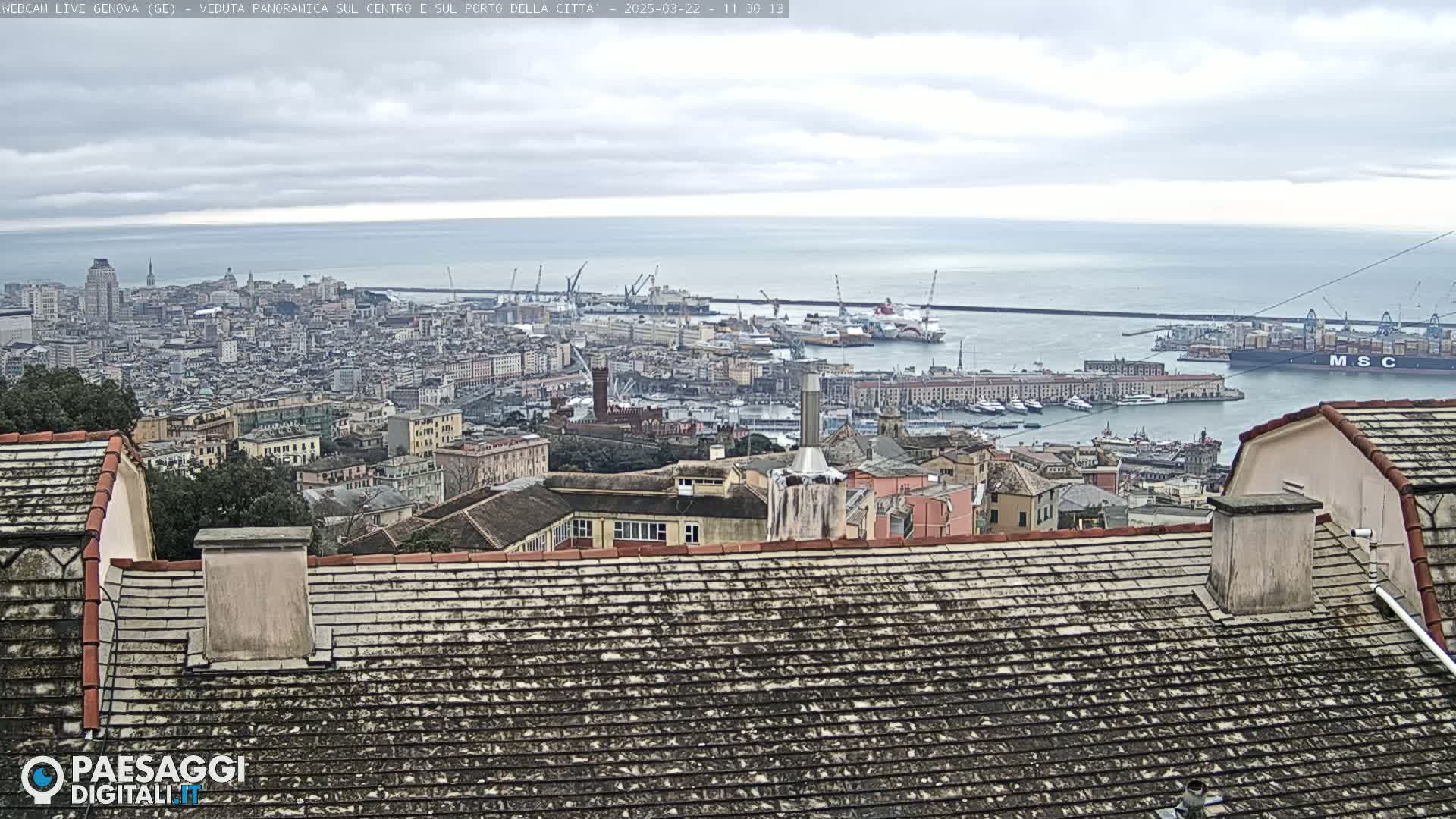 A panoramic view of a city and harbor under a cloudy sky, seen from a high vantage point overlooking rooftops.