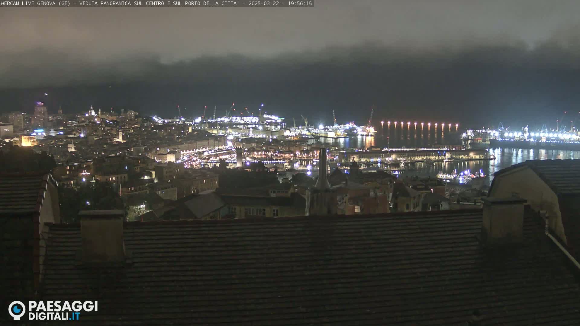 A nighttime, hazy view of a city's harbor and illuminated cityscape from an elevated vantage point.