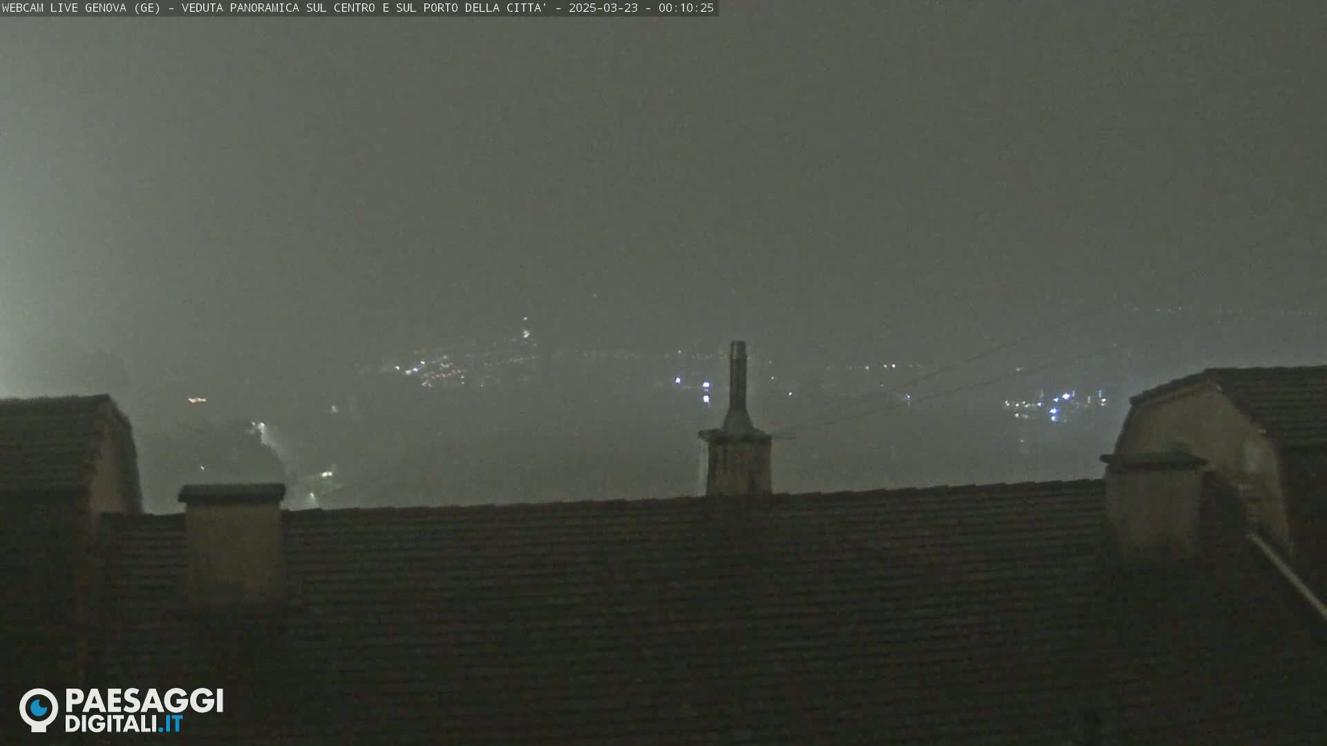 A nighttime, hazy view of a city with faint lights visible through the fog, seen from a rooftop with a chimney.